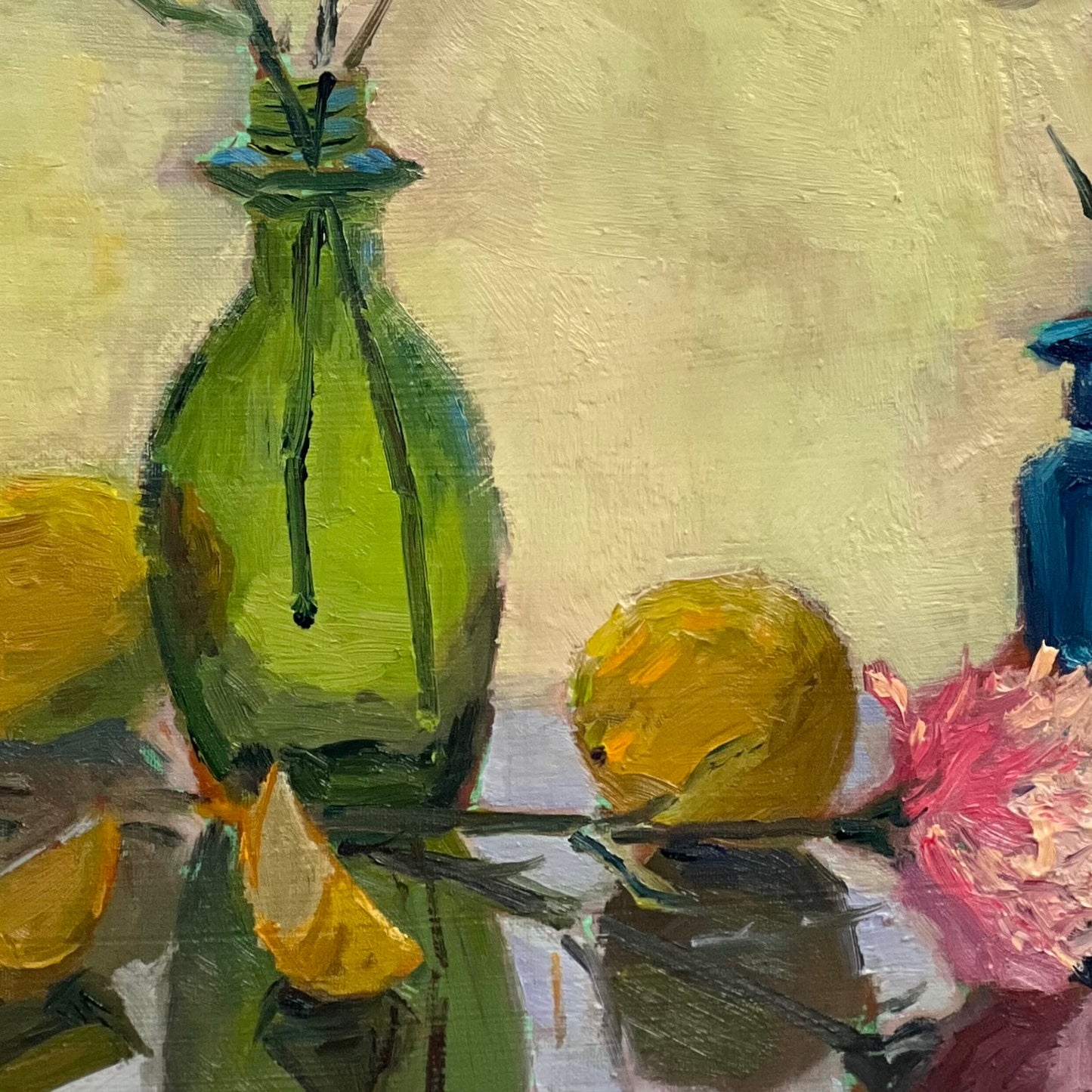 Colored bottles and lemons by the window - still life oil painting