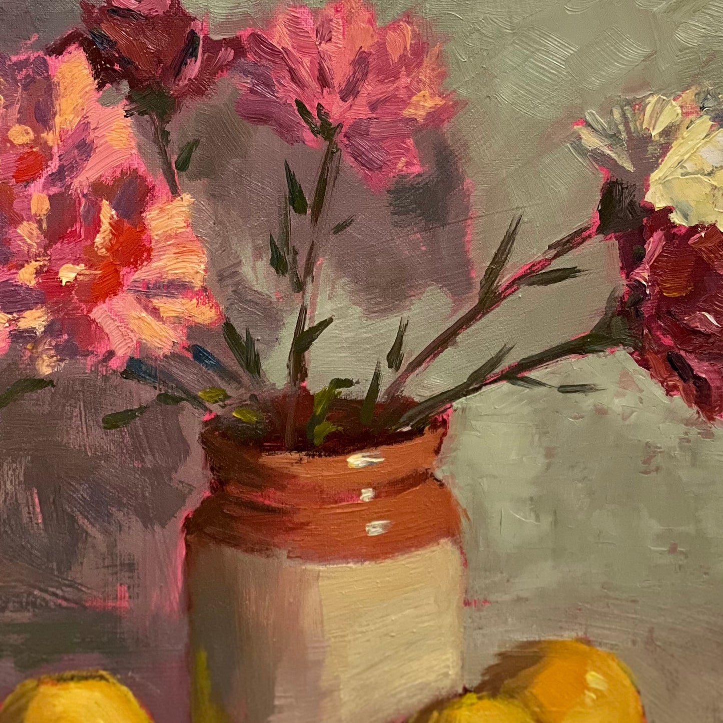Lemons and Pink Flowers in a jar