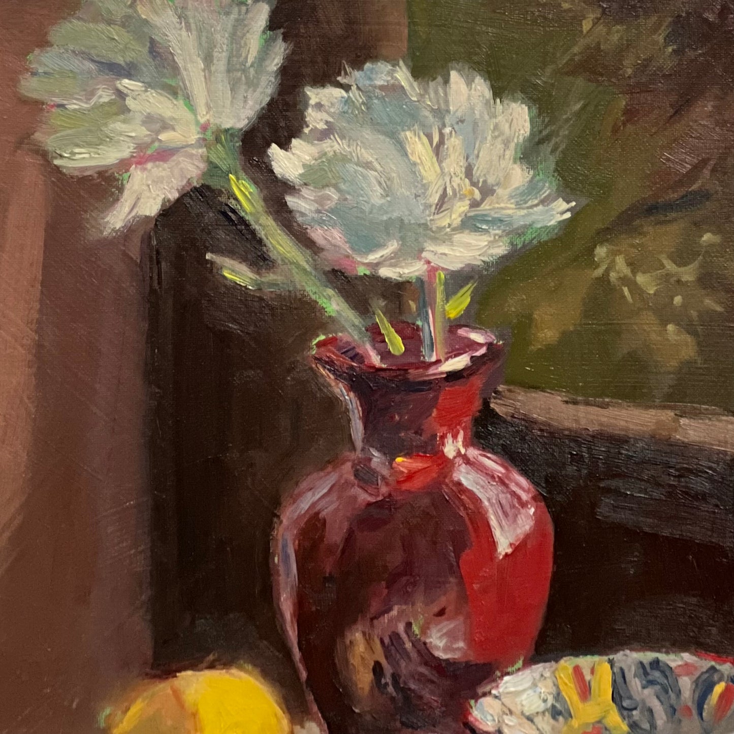 Lemons with Red by the window - still life oil painting