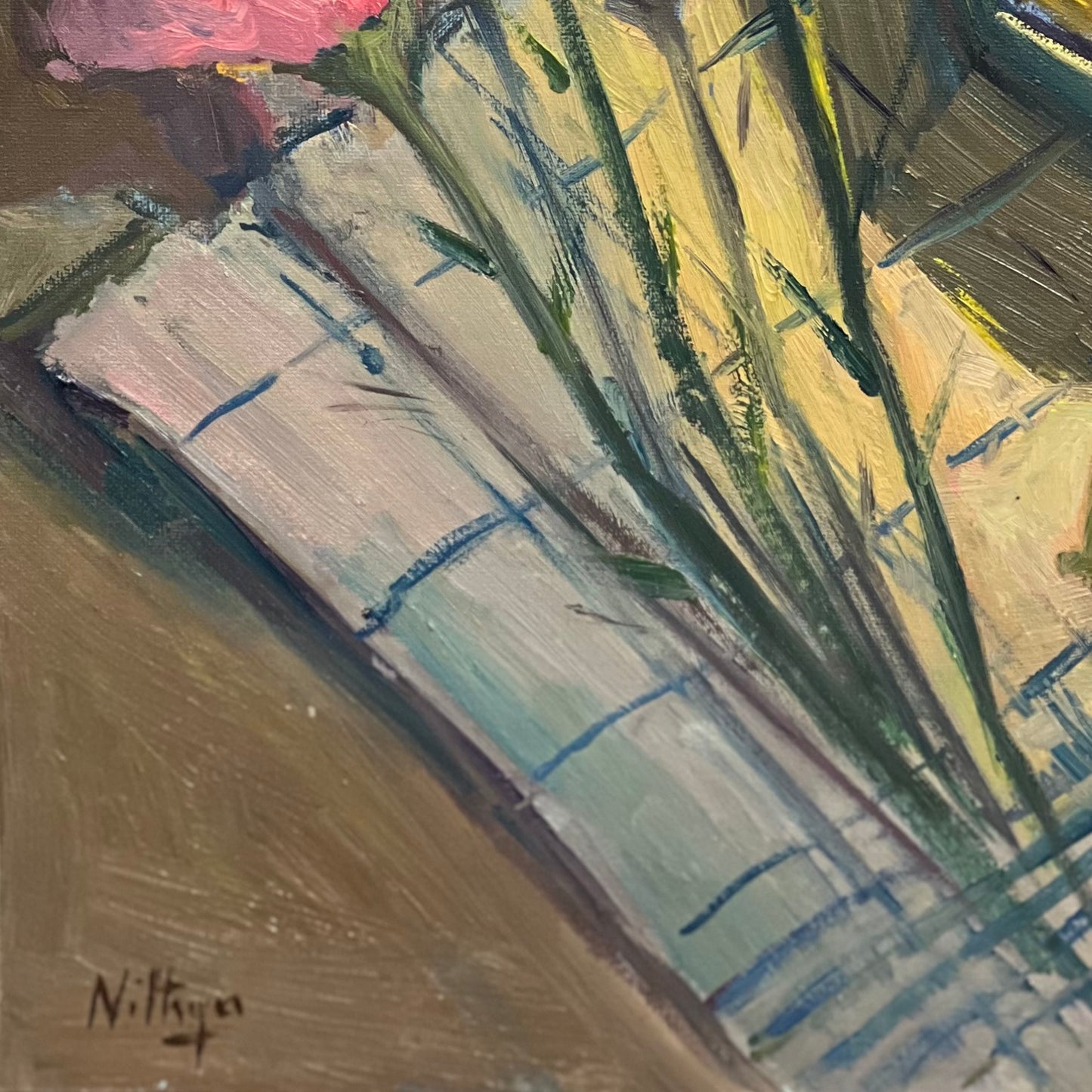 Lemons in a Blue Bowl and flowers - Still Life Oil Painting