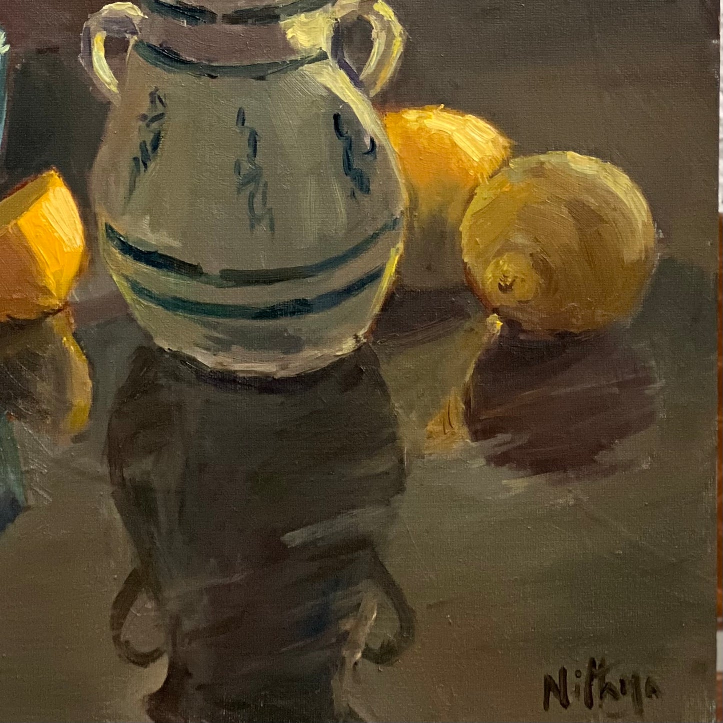 Backlit Lemons and Blue Jars in the kitchen - Still Life Oil Painting