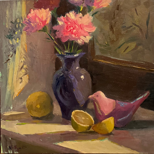 Purple and Pink in the sunlight - still life oil painting