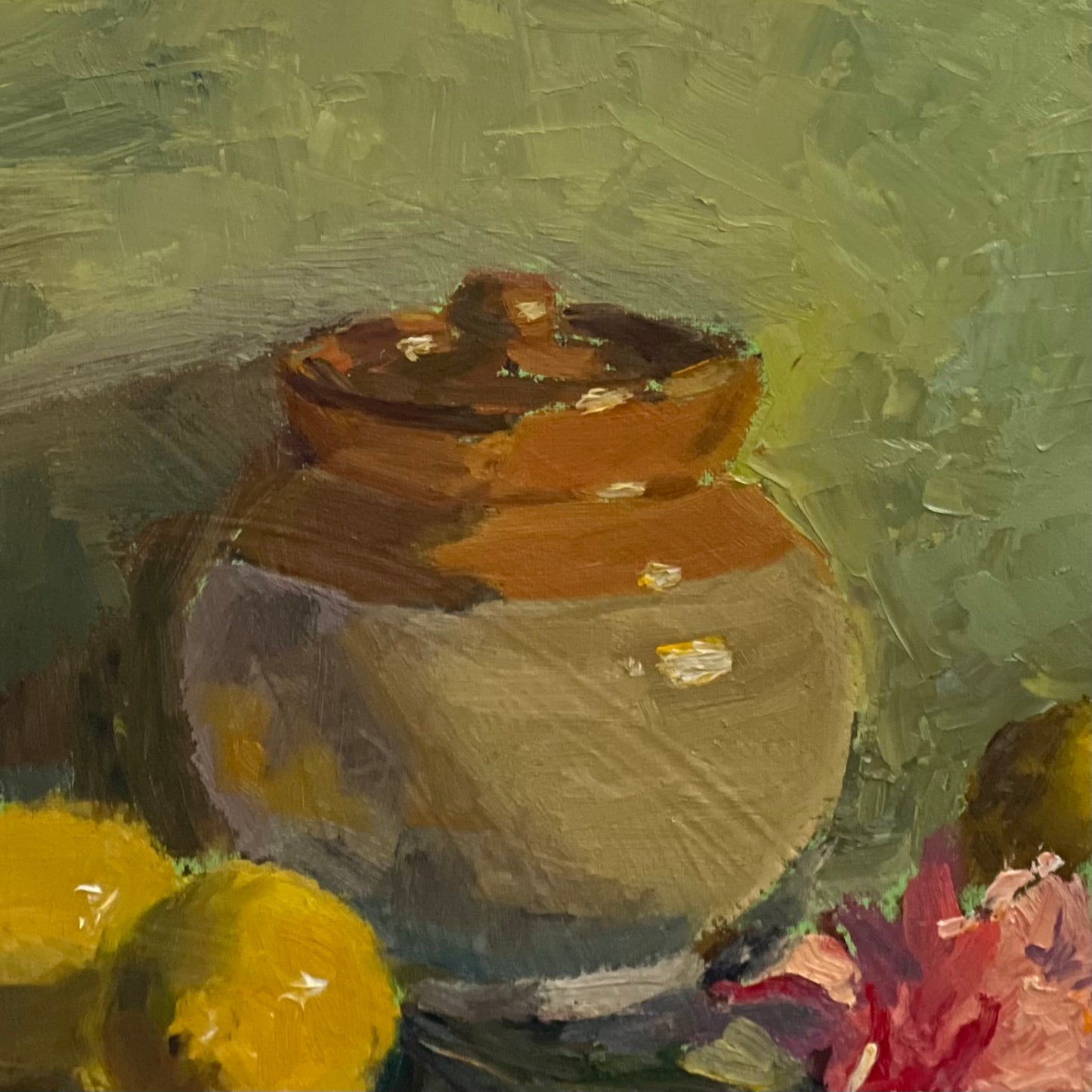 Pink and yellow with reflections - still life oil painting
