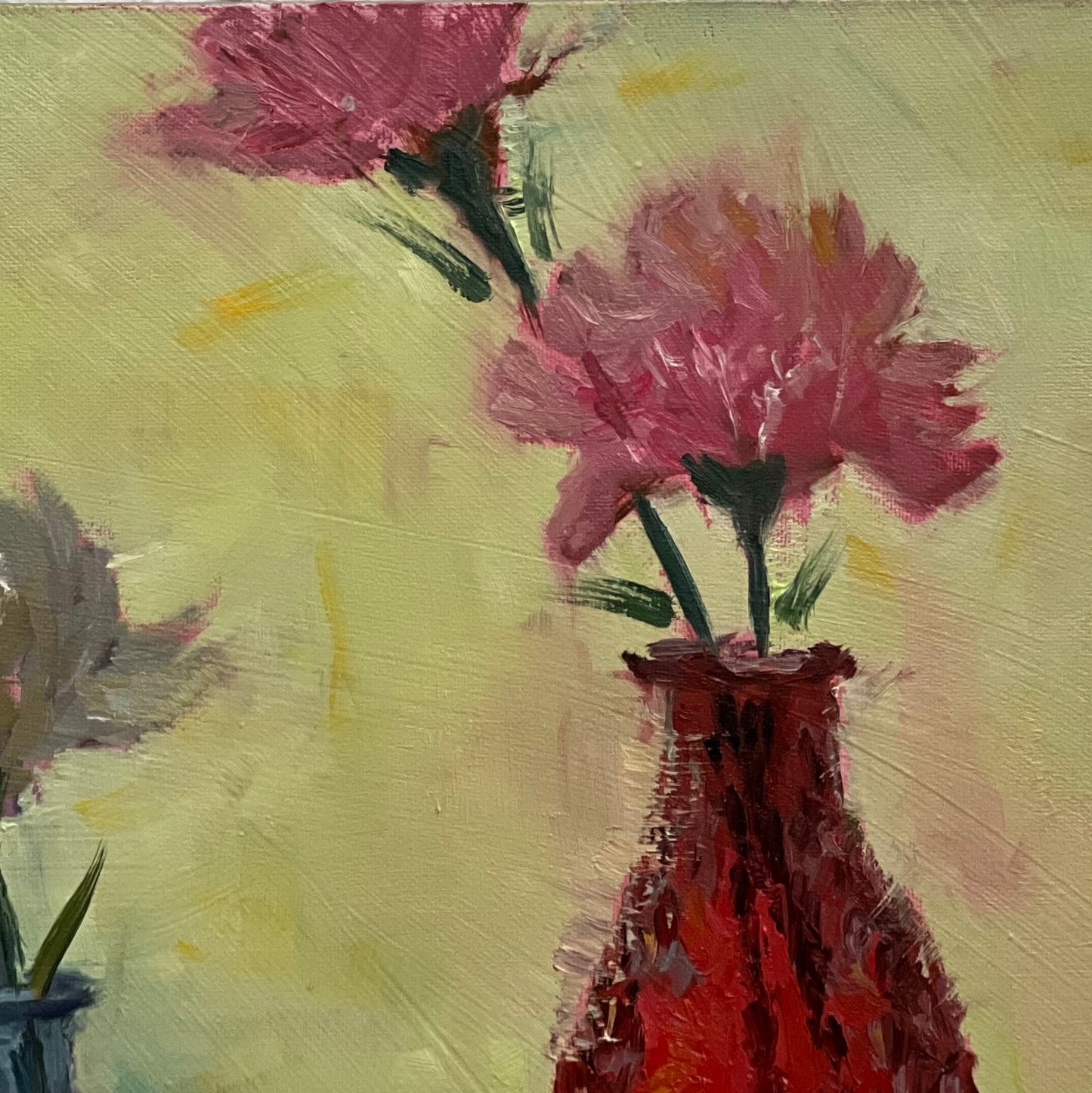 Red bottle and lemons by the window - still life oil painting