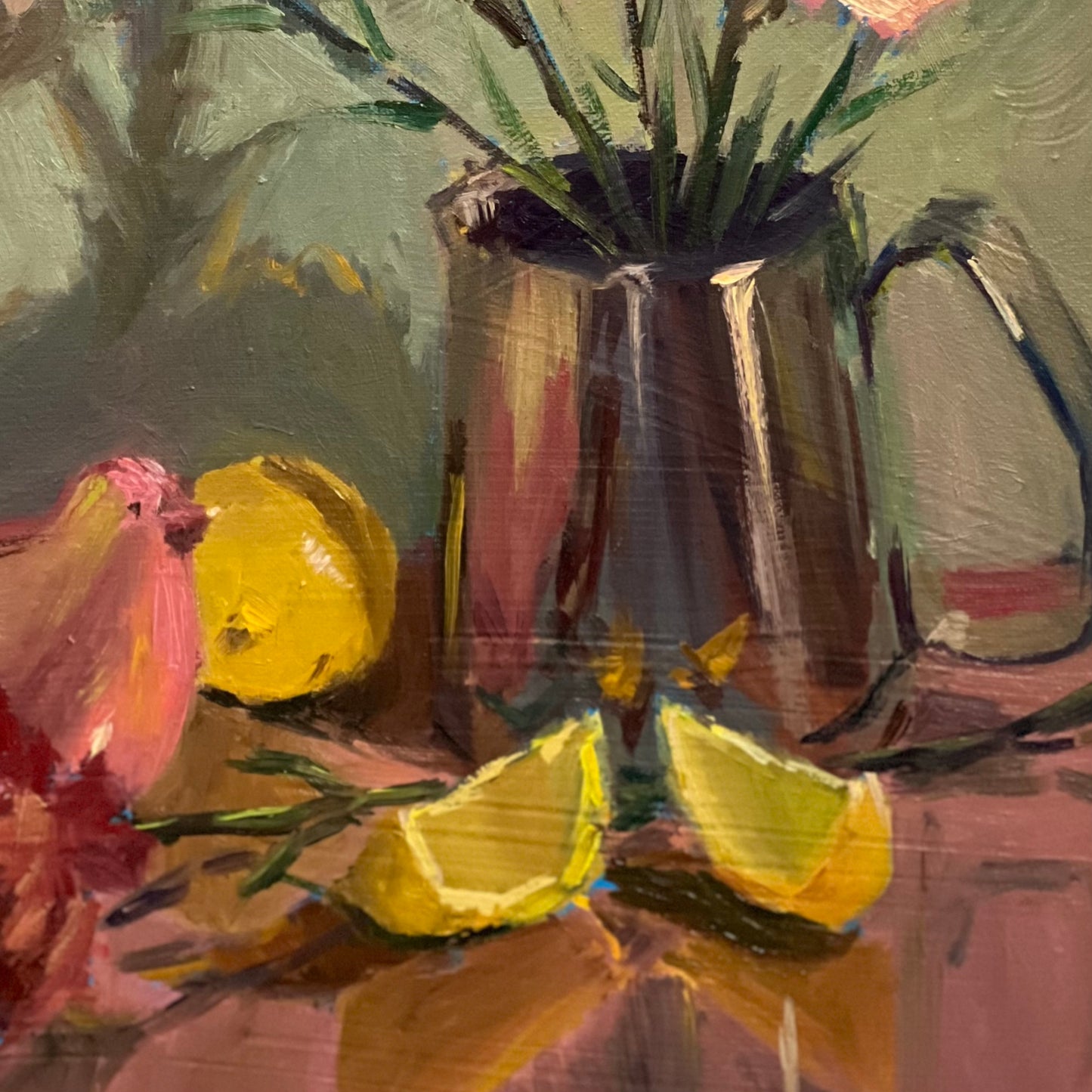 Pink reflections wth lemons - still life oil painting