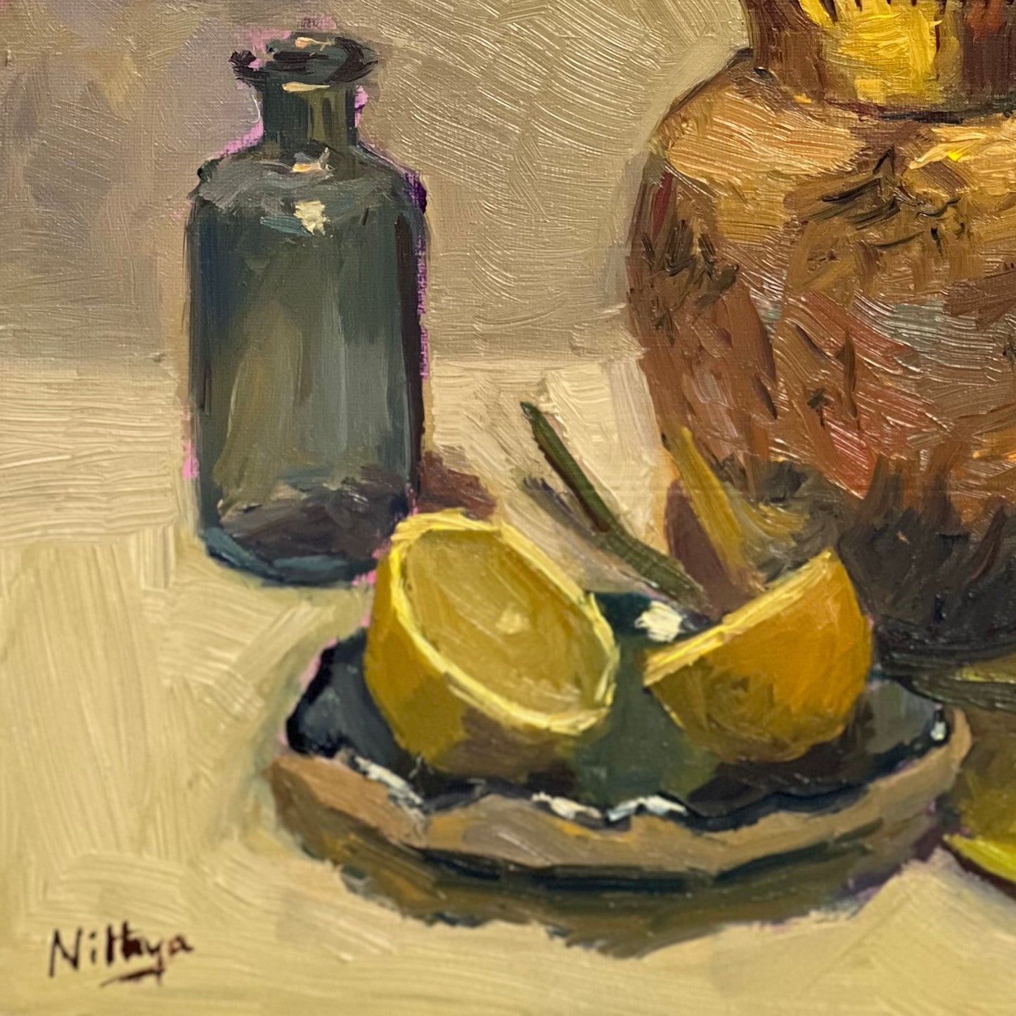 Toplit flowers in a brass jar - still life oil painting