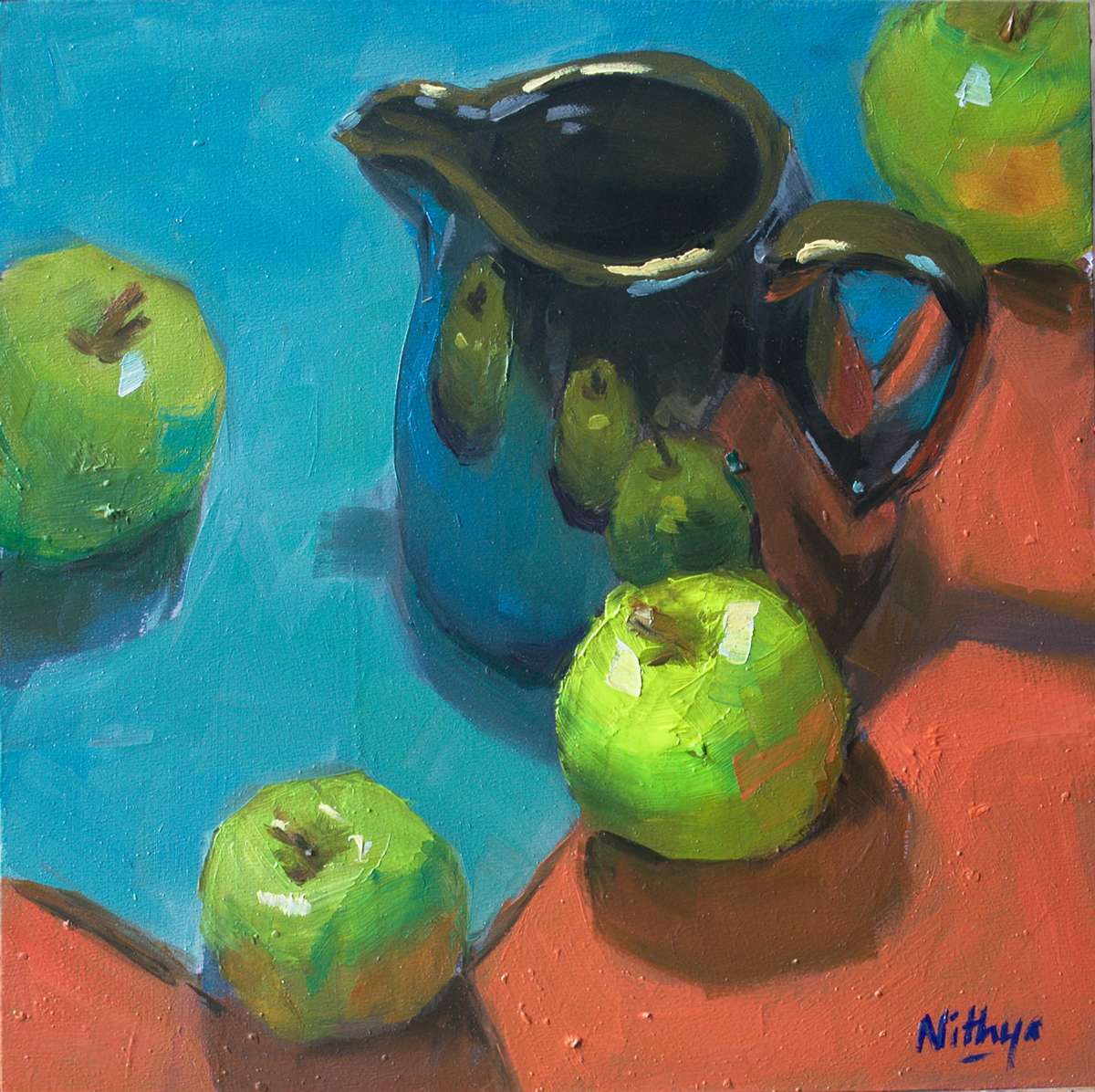Small Oil Painting - Apples on Red and Blue