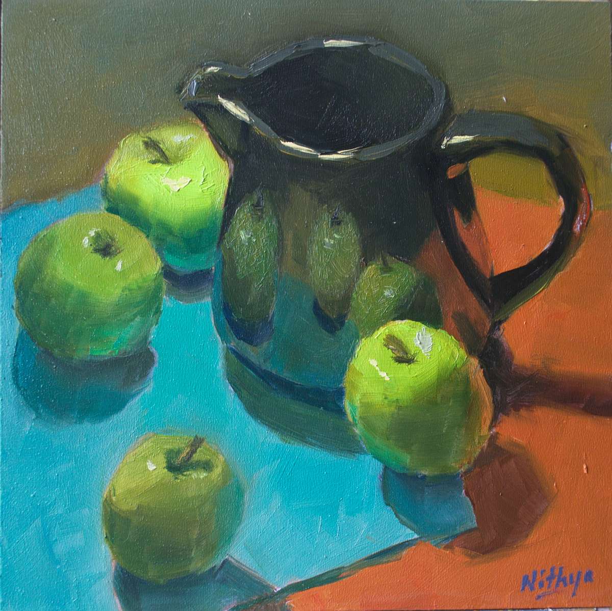 Small Oil Painting - Apples on Red and Blue - 2