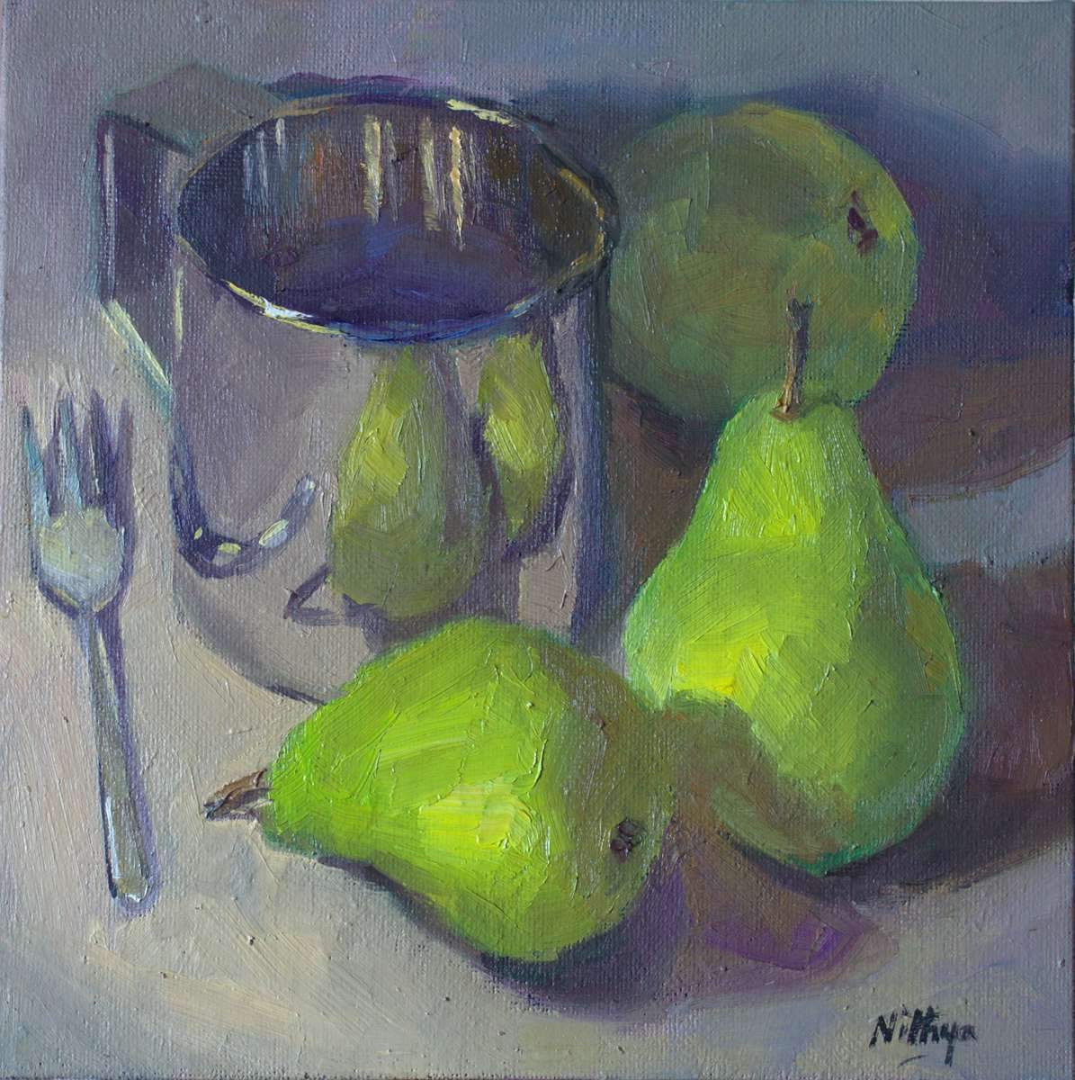 Origial Oil Painting - Pear reflections on Silver