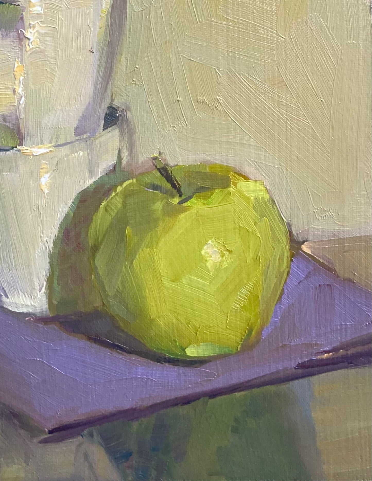 Green Apple and cups - Small Original Oil Painting
