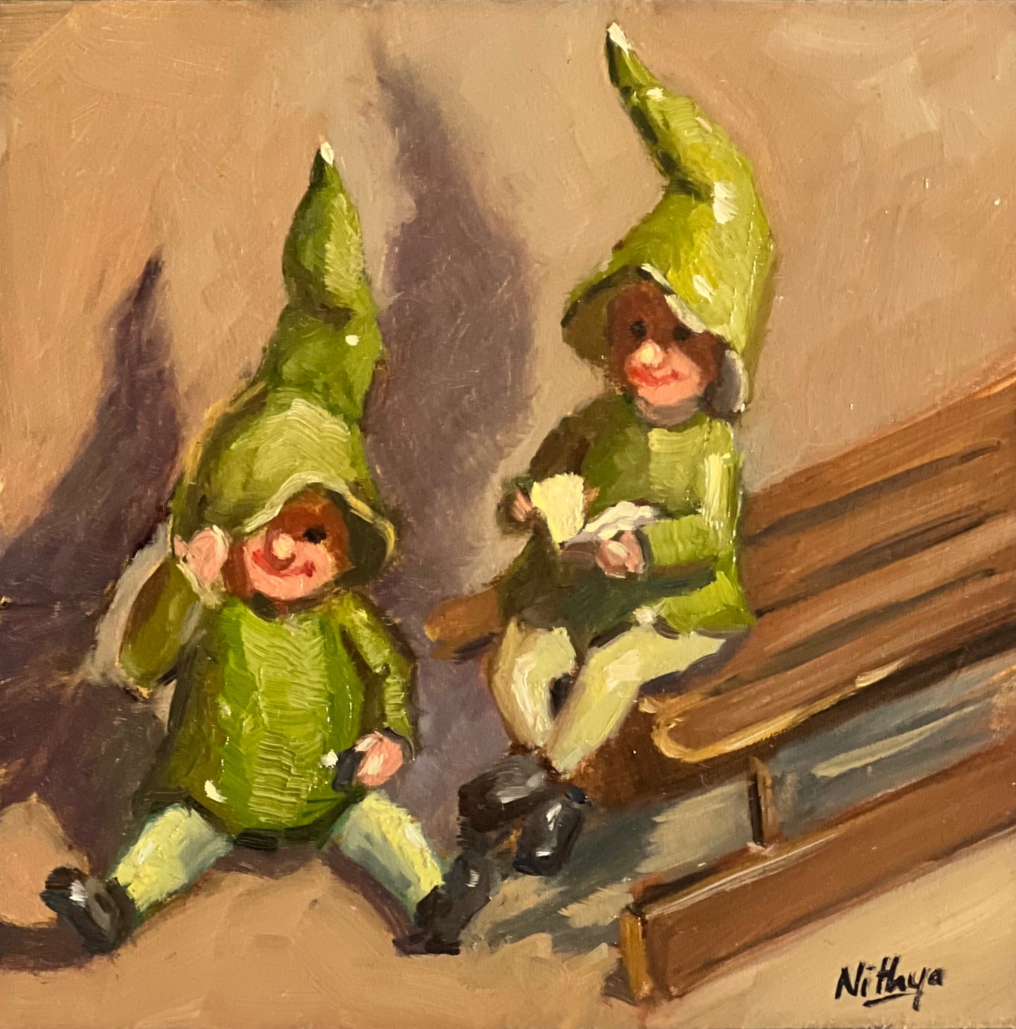 Small Oil Painting - Christmas Elves 2