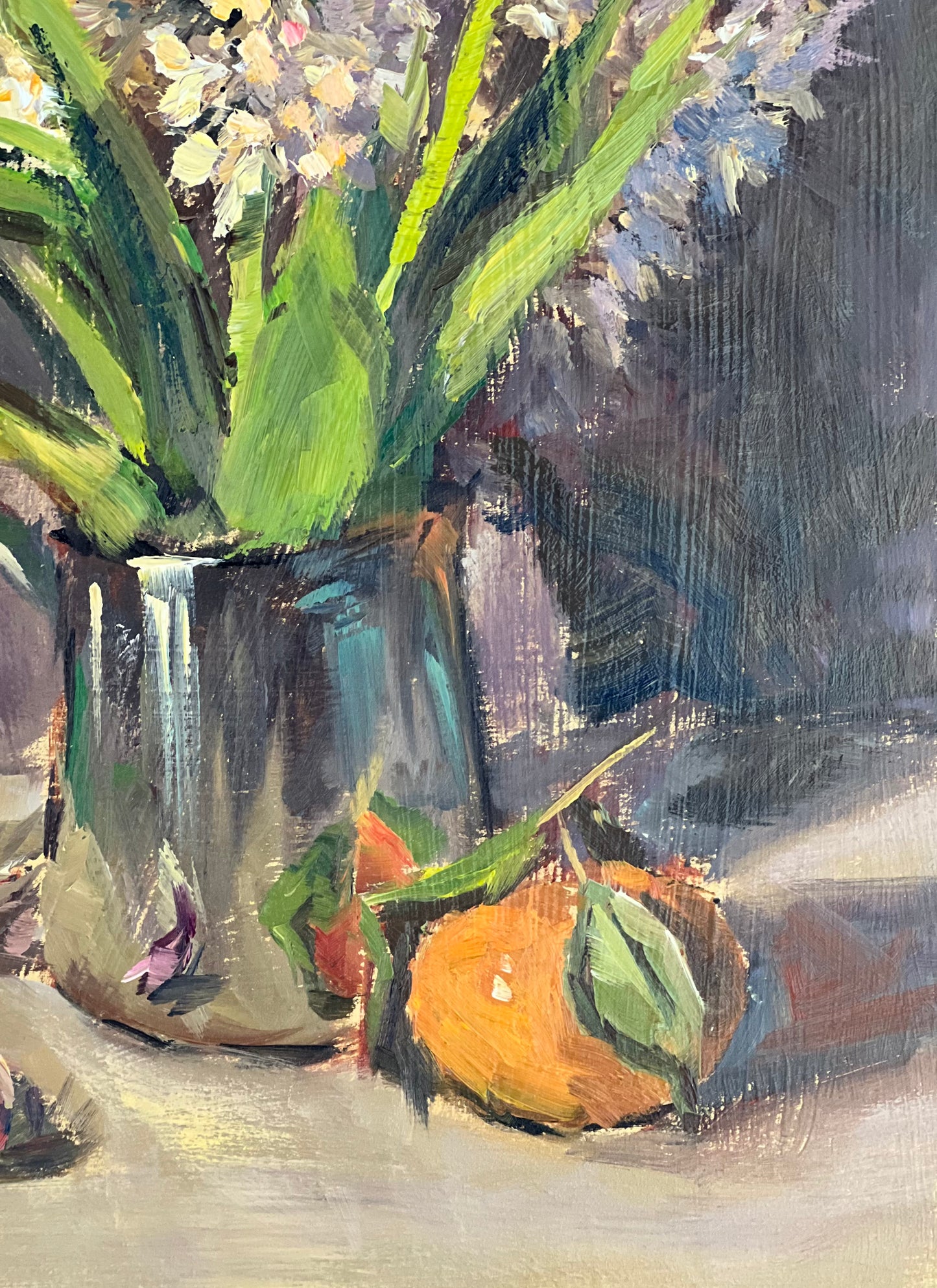 Small Floral Painting - Hyacinths in a metal jar