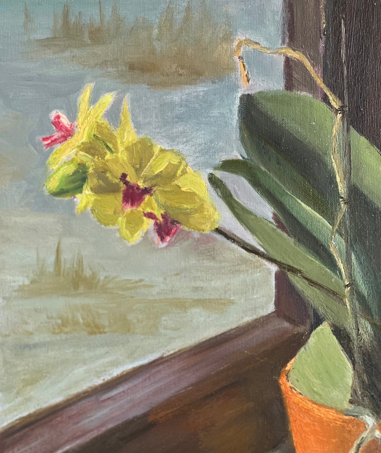 Still Life Oil Painting - Orchids and Apple on a windowsill