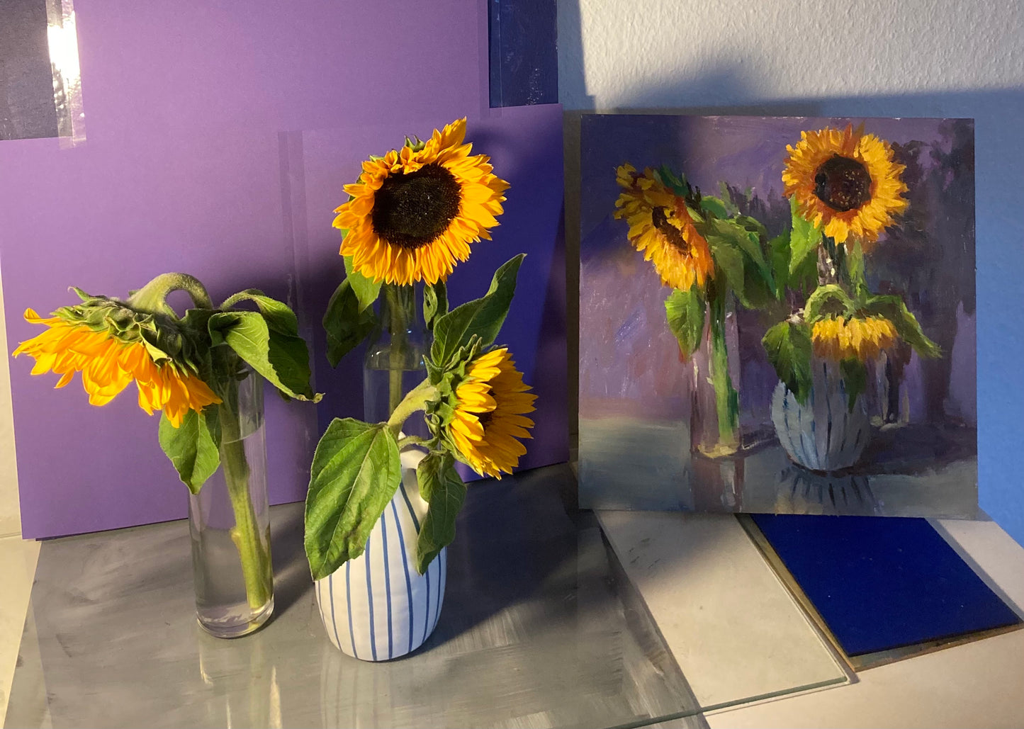 Sunflowers on Purple - Original Still Life Oil Painting, 12 by 12 inches