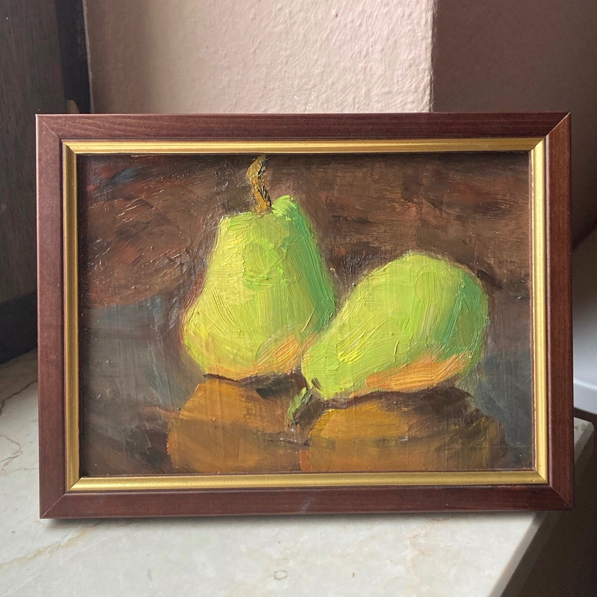 Small still life painting - Pears on copper