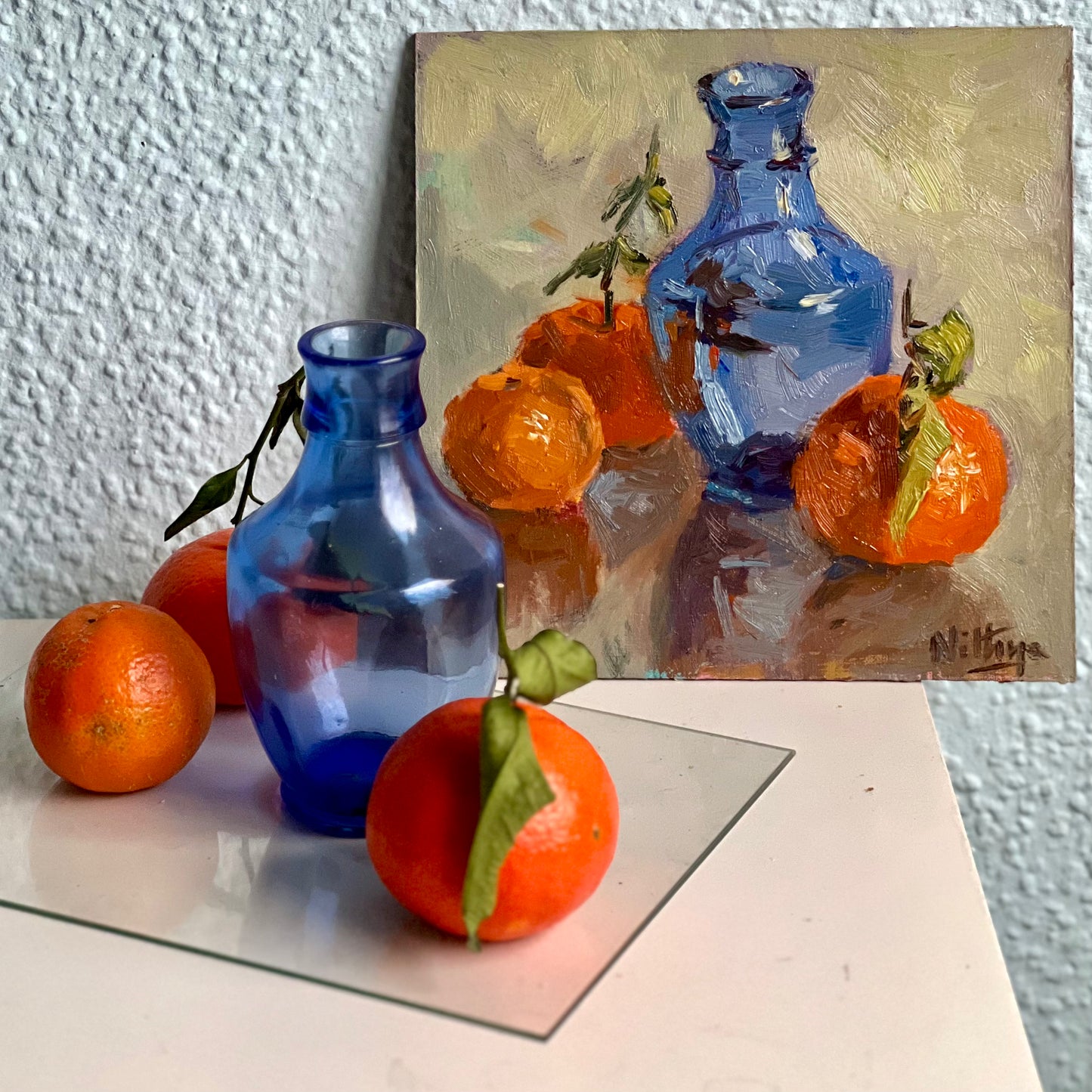 Mandarines with a blue glass! - Still Life Oil Painting