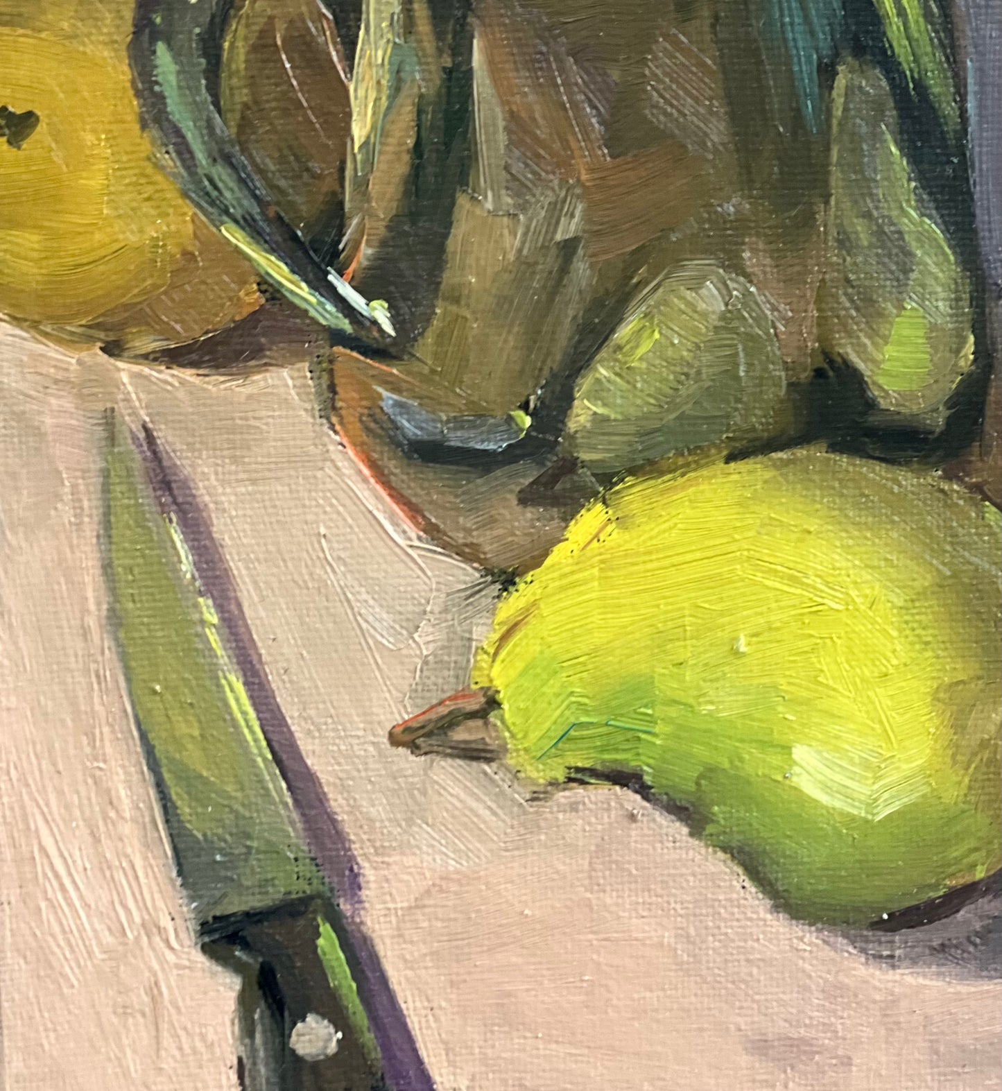 Origial Oil Painting - Pear reflections on Black