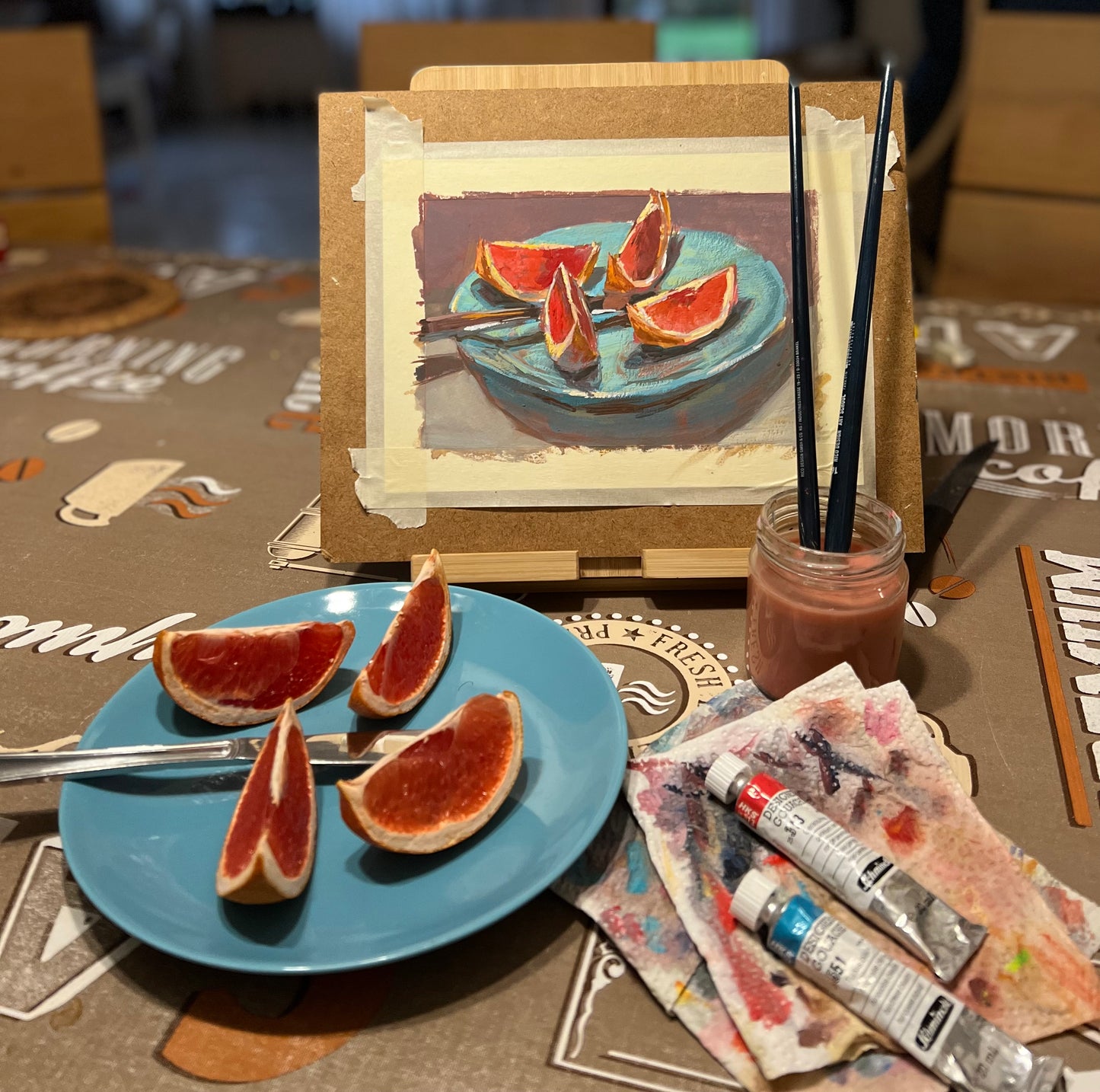 Gouache Painting - Grapefruit Slices on a blue plate