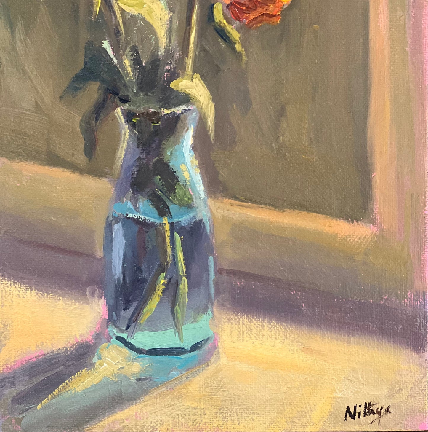 Oil Painting of Roses - Orange roses by the window