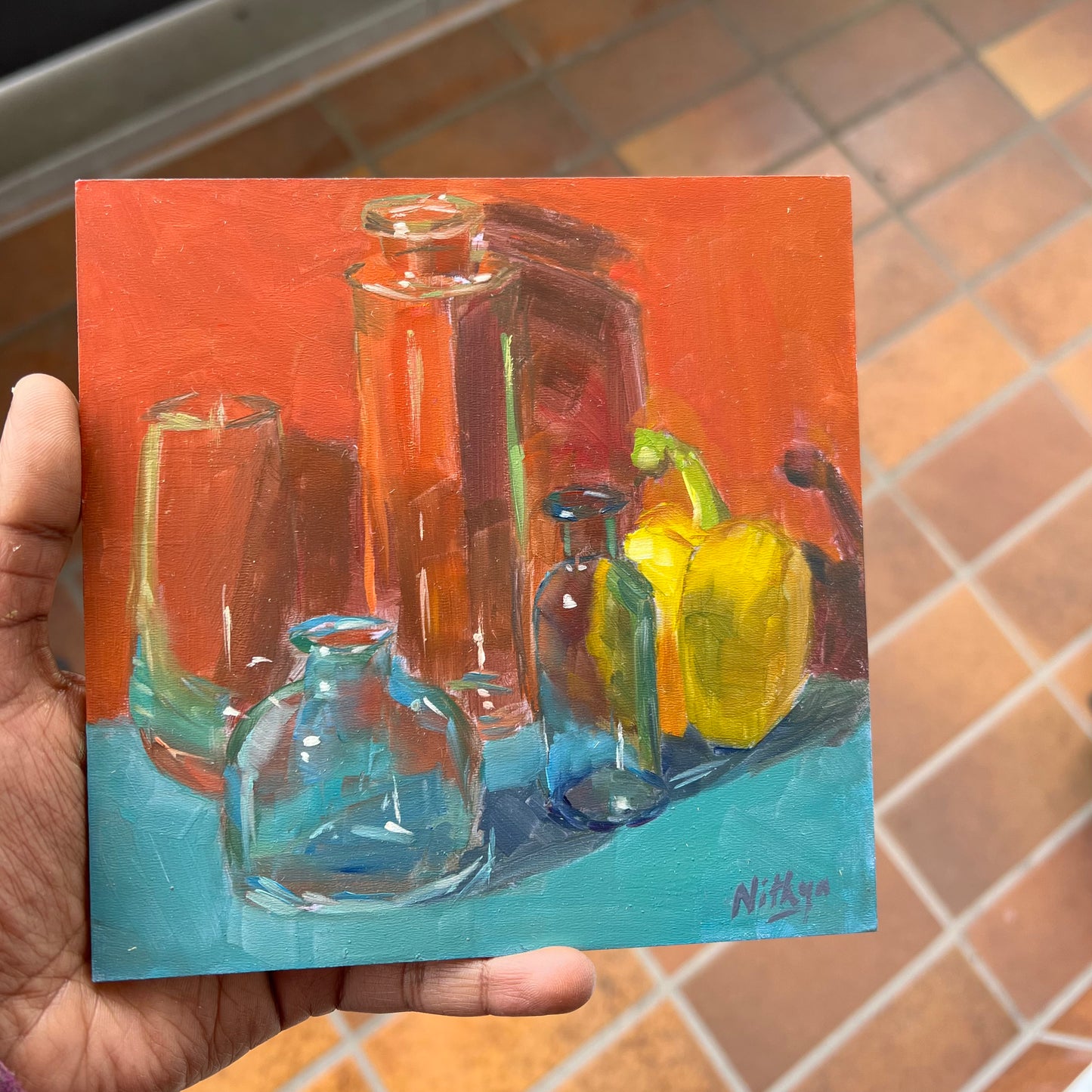 Small Oil Painting - Bottles with a pepper