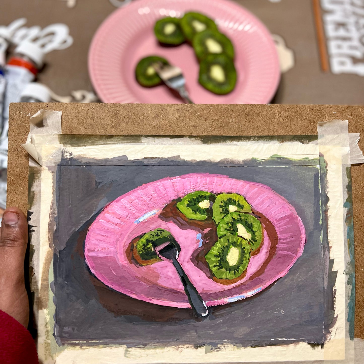 Gouache Painting: Kiwi slices on pink