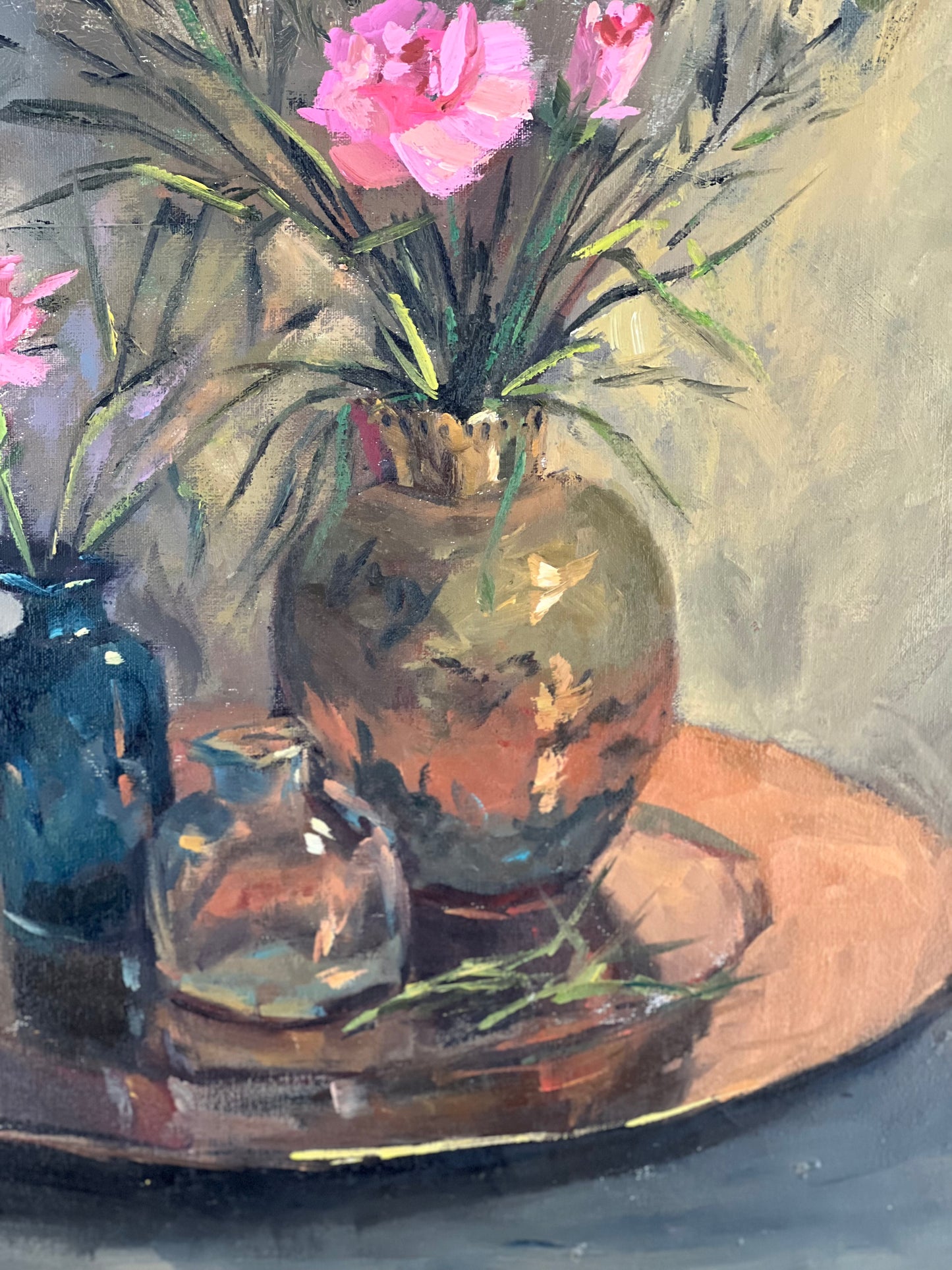 Large Floral Oil Painting - Pink flowers on Copper!