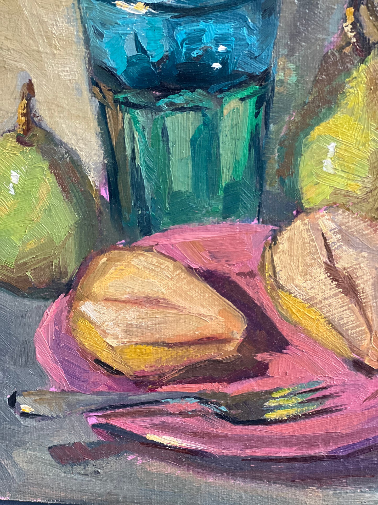 Pears with a blue glass - Small oil painting, 8 by 8 inches