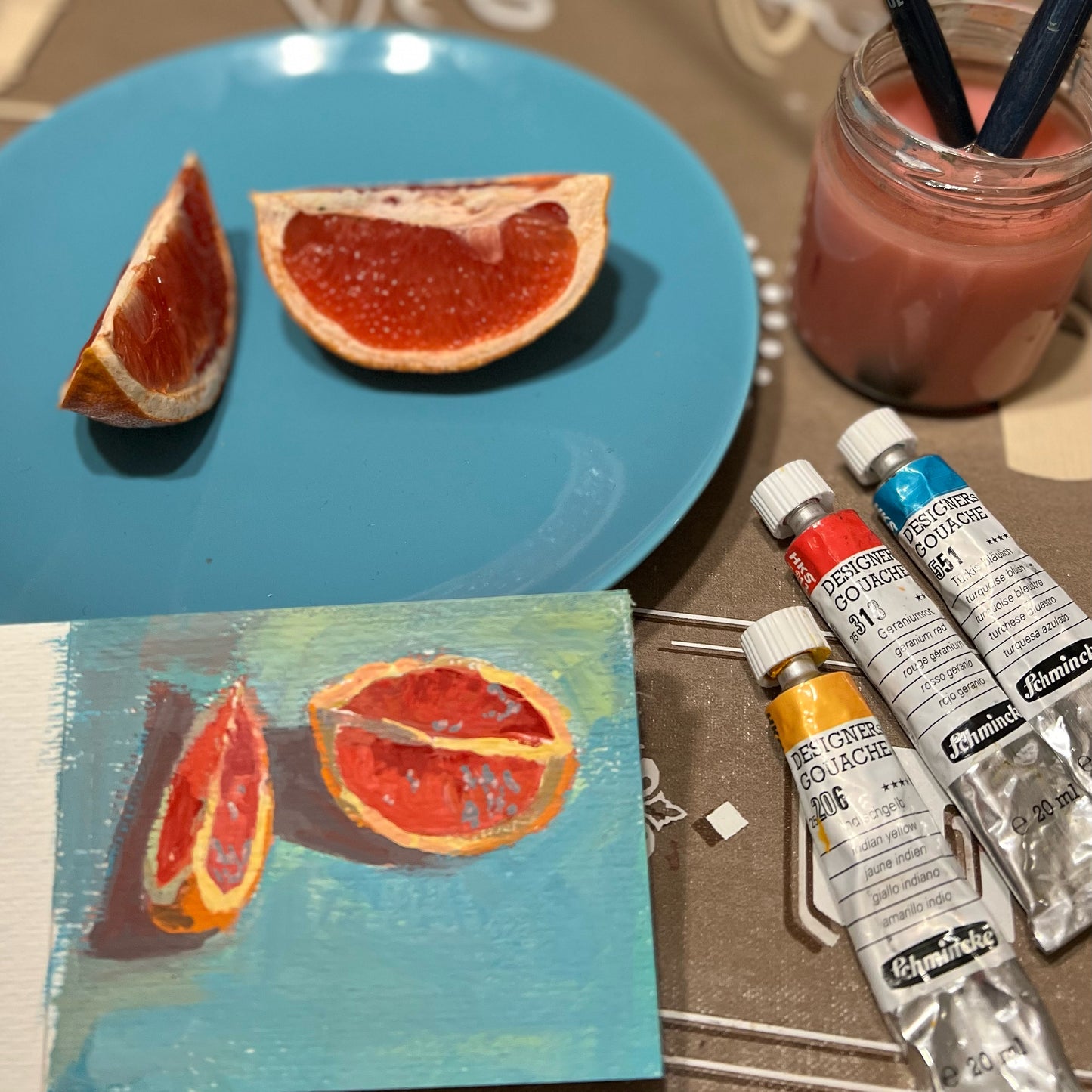 Mini Gouache Painting - Grapefruit Slices on Blue