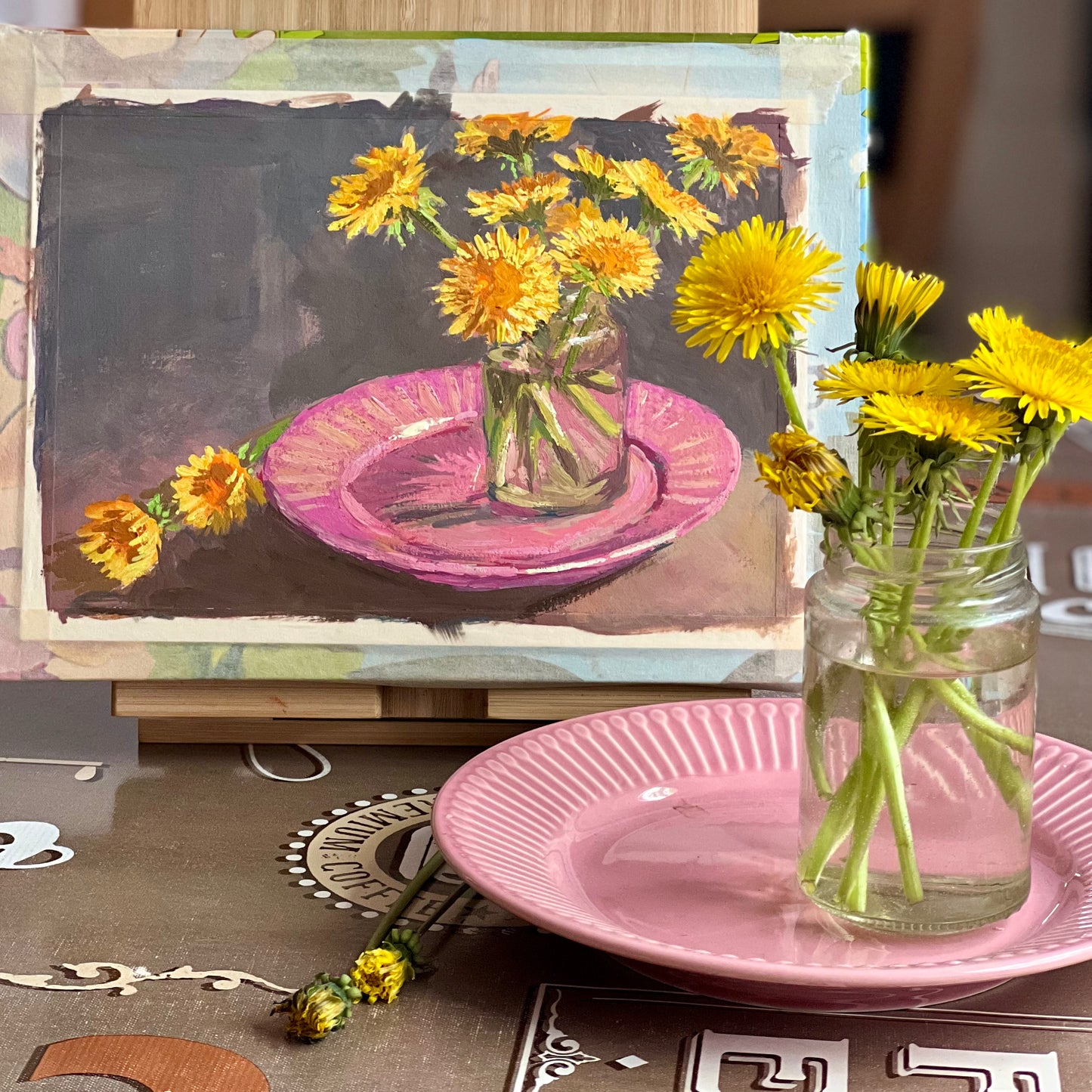 Dandelions on Pink - 2 - Gouache Painting