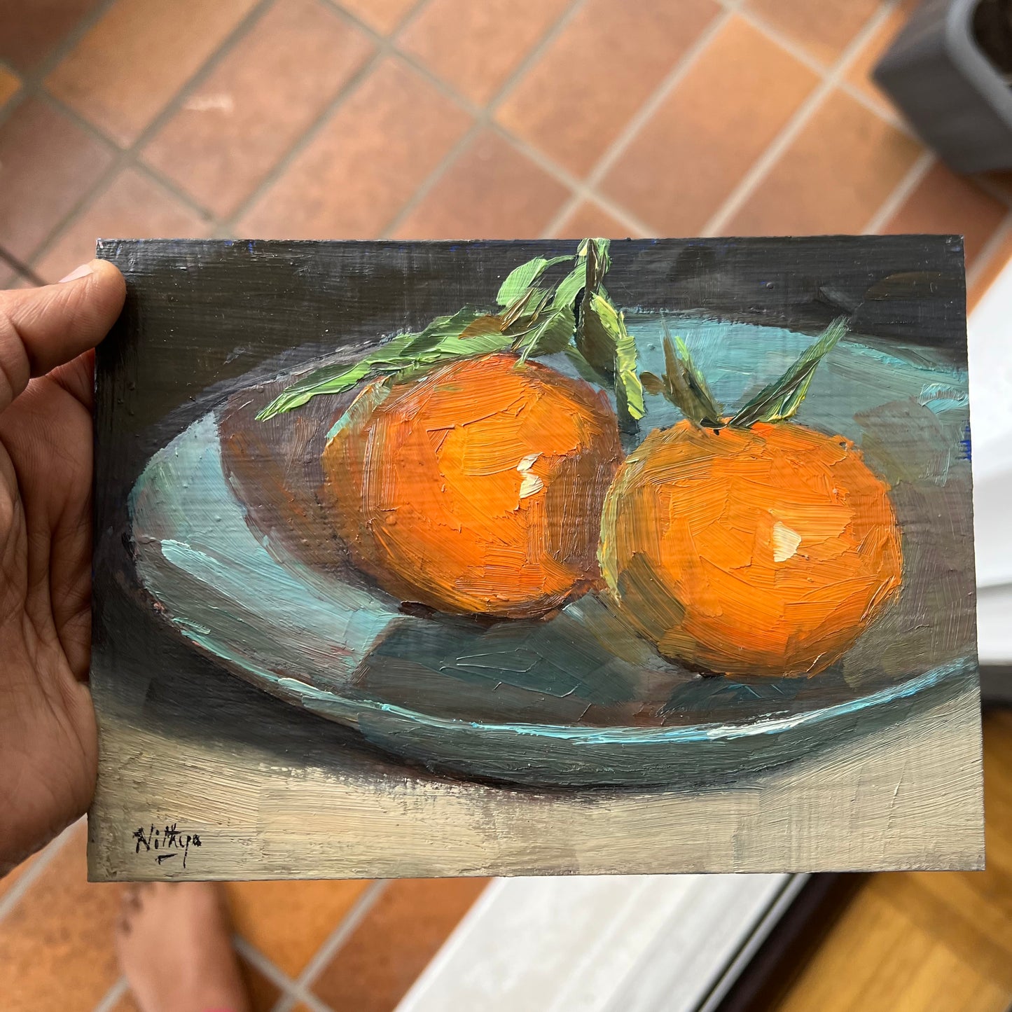 Small Stilllife Painting - Oranges on Blue