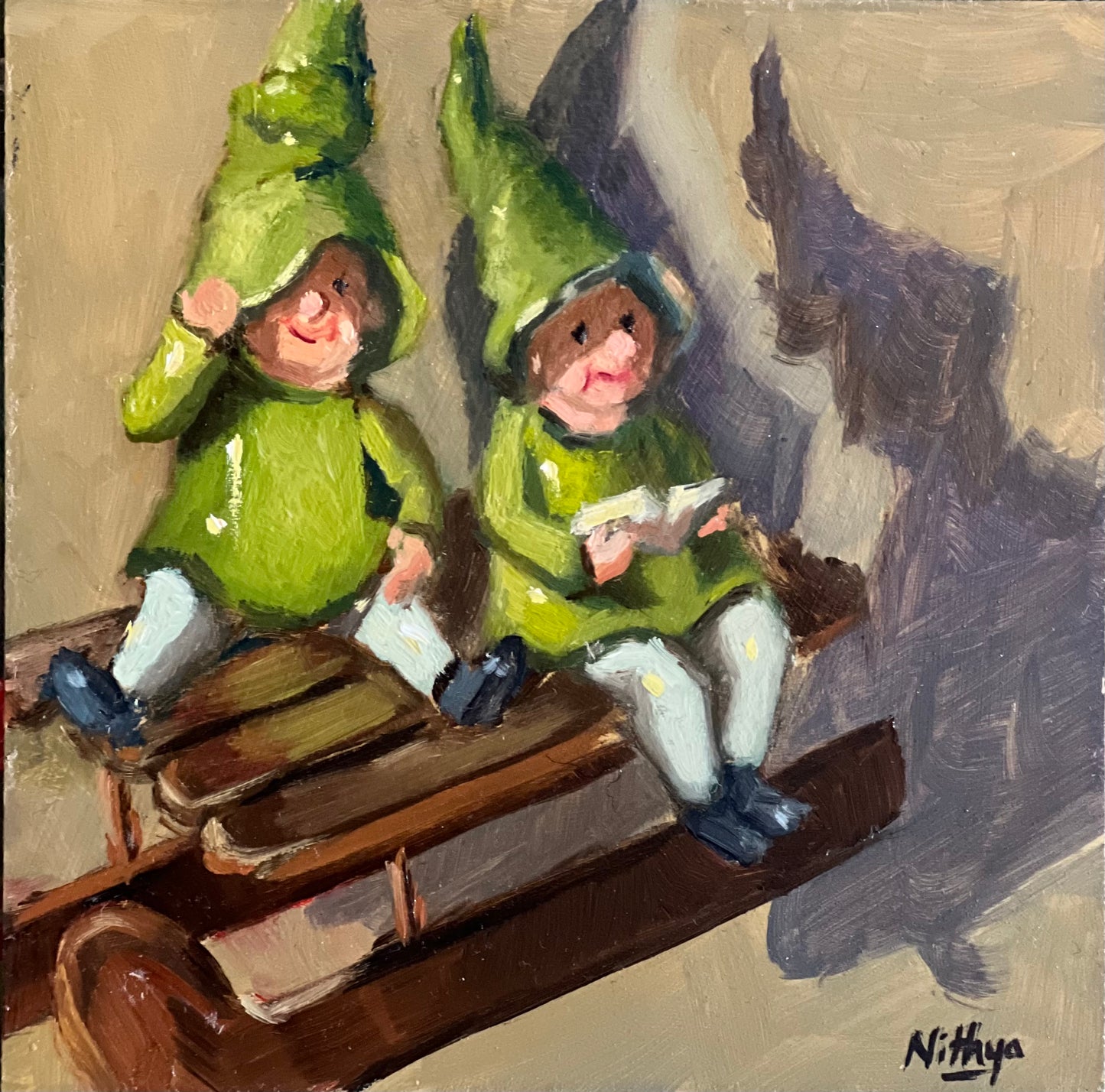 Small Oil Painting - Christmas Elves
