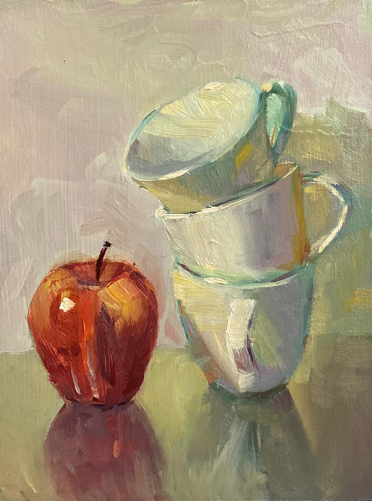 Apple and cups - Small Original Oil Painting