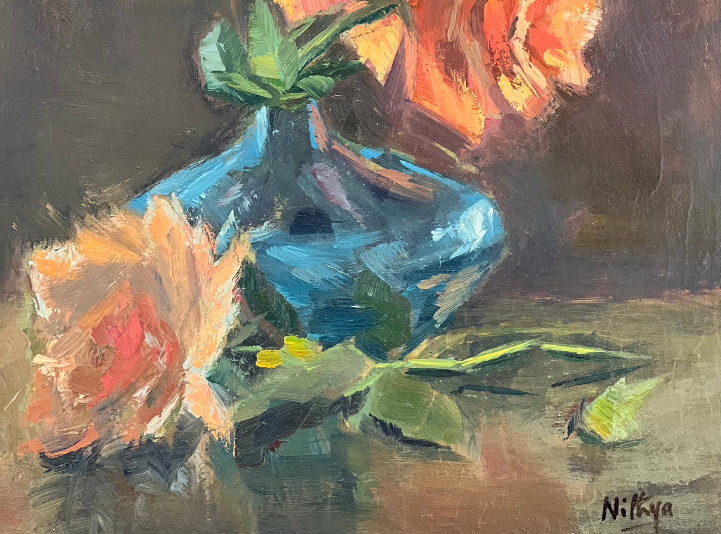 Small Painting of Roses - Backlit orange roses