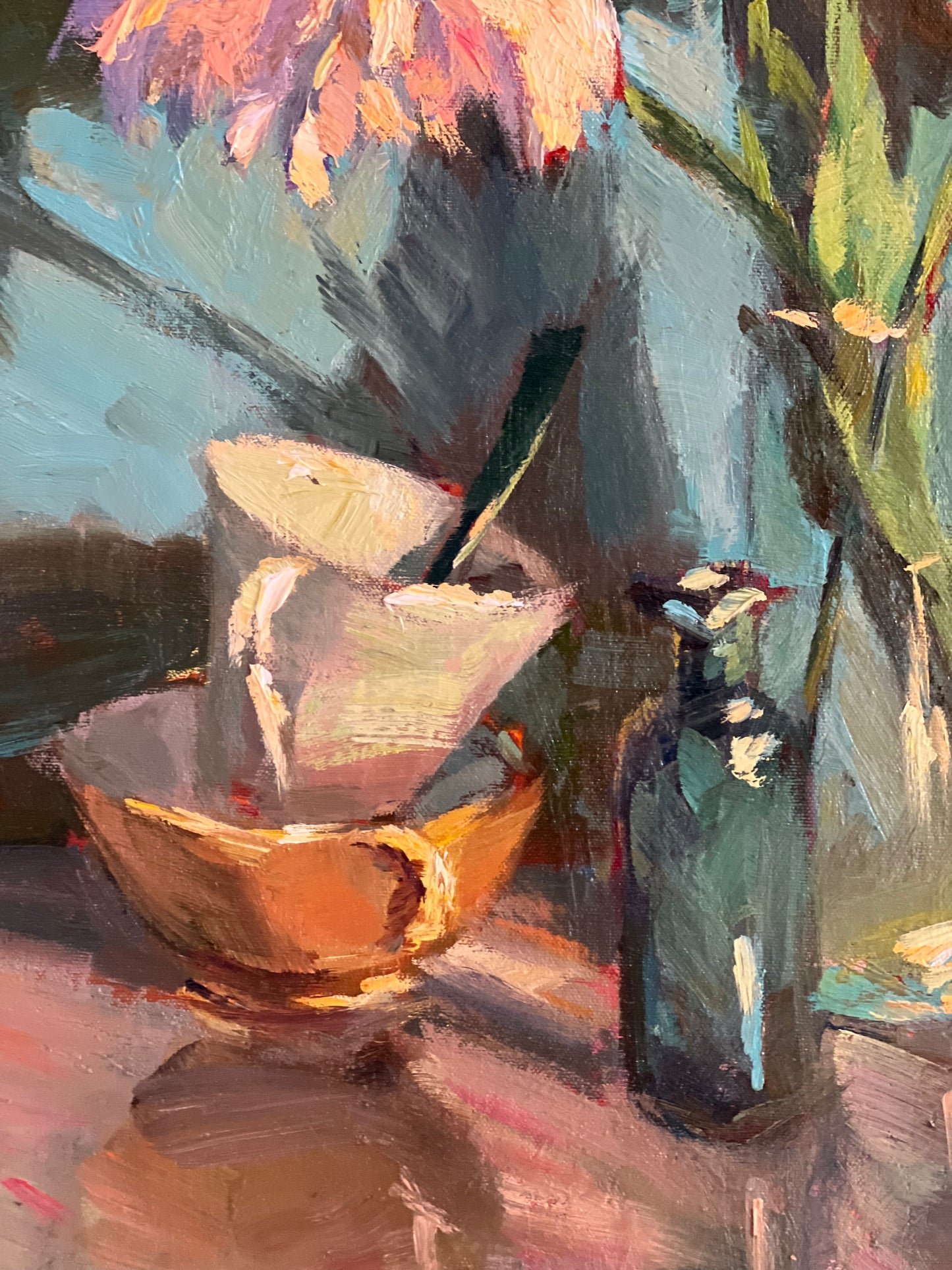 White peonies on vibrant blue! - Original Oil Painting of Flowers