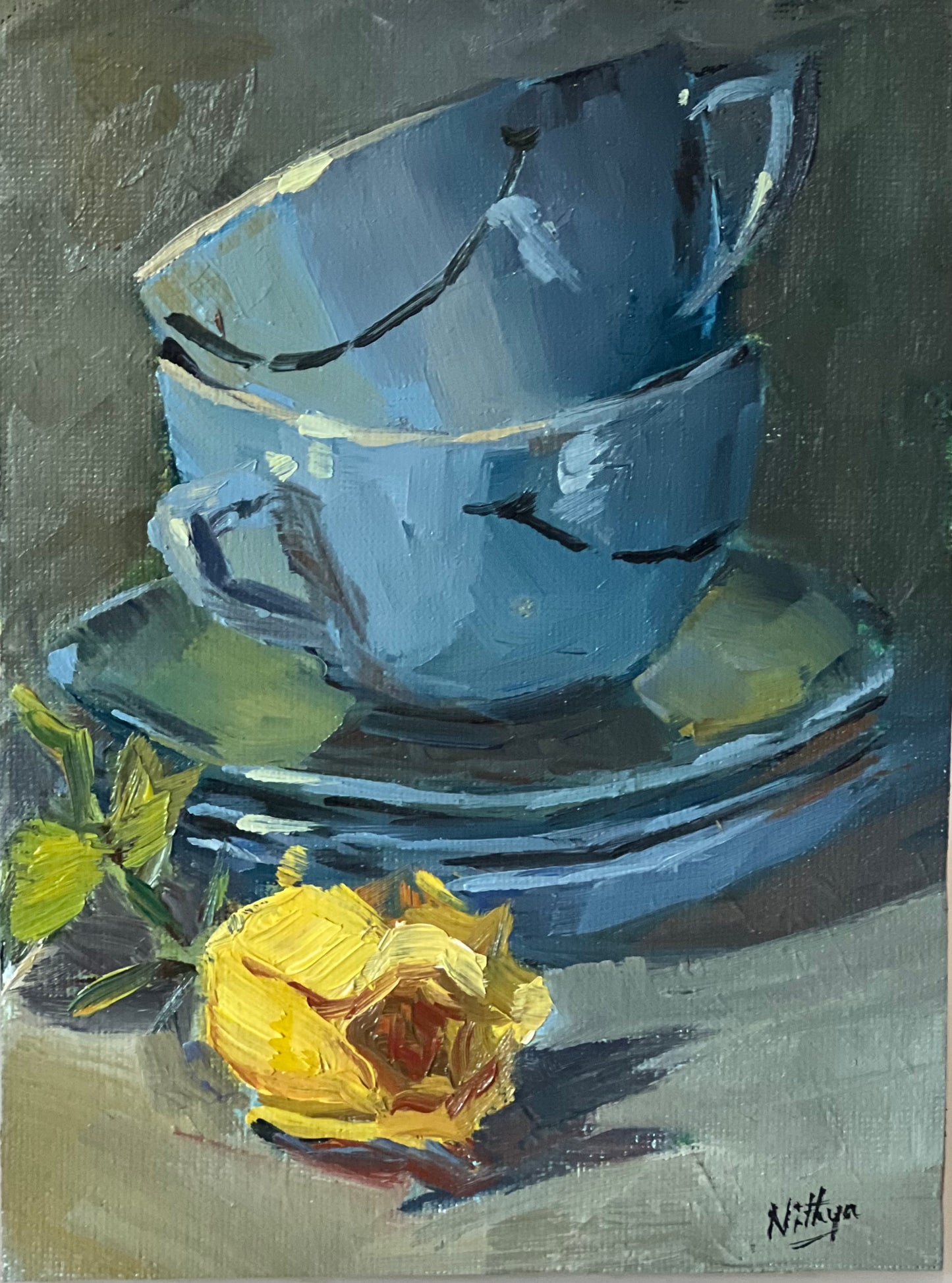 Small Stilllife Painting - Smiley Cups and a Rose