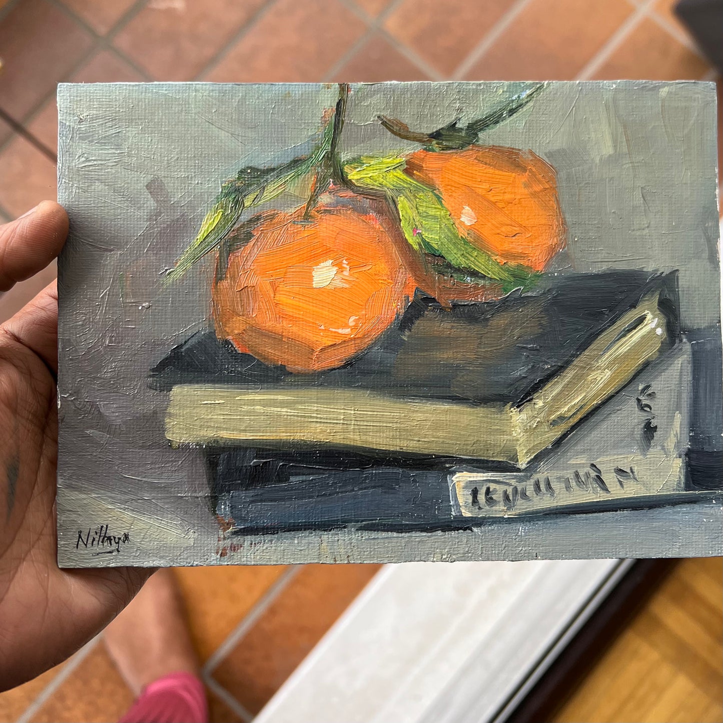 Small Stilllife Painting - Oranges and books!