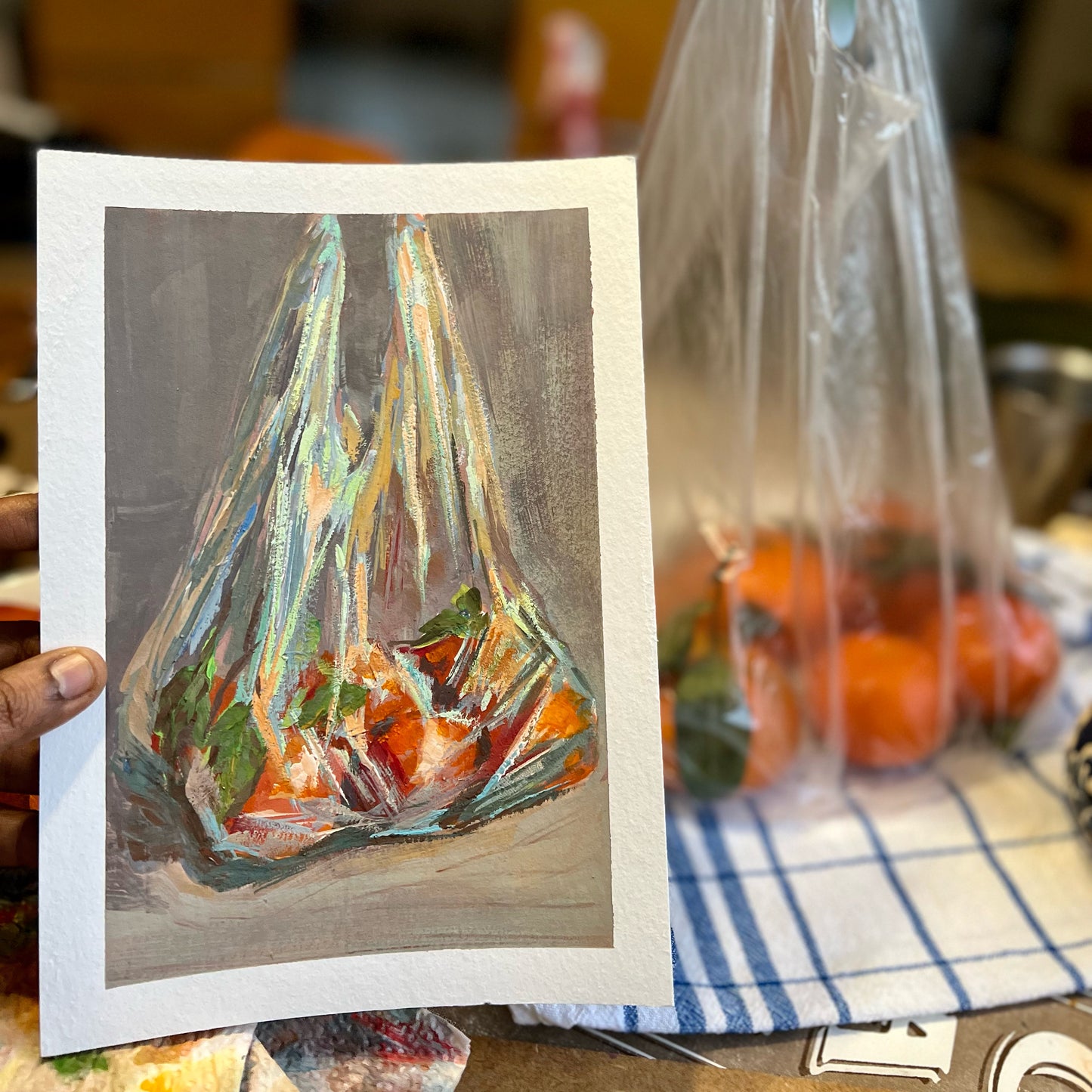 Gouache Painting - Oranges in a Bag 2