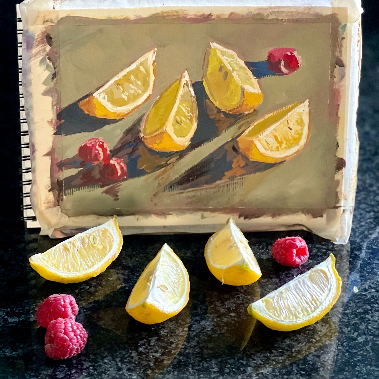 Lemon Slices in the sun - Small Still Life Gouache Painting