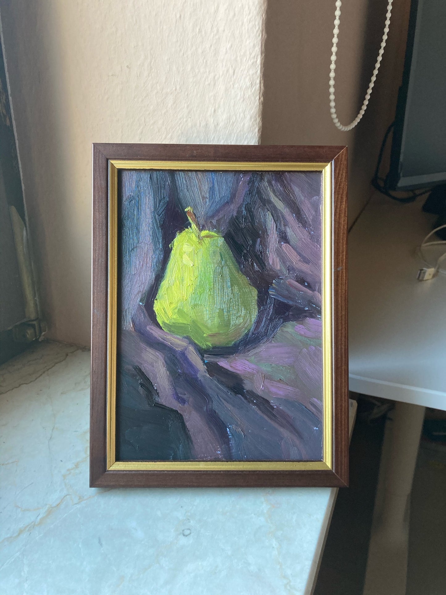 Small Stilllife Painting - Pear and Fabric