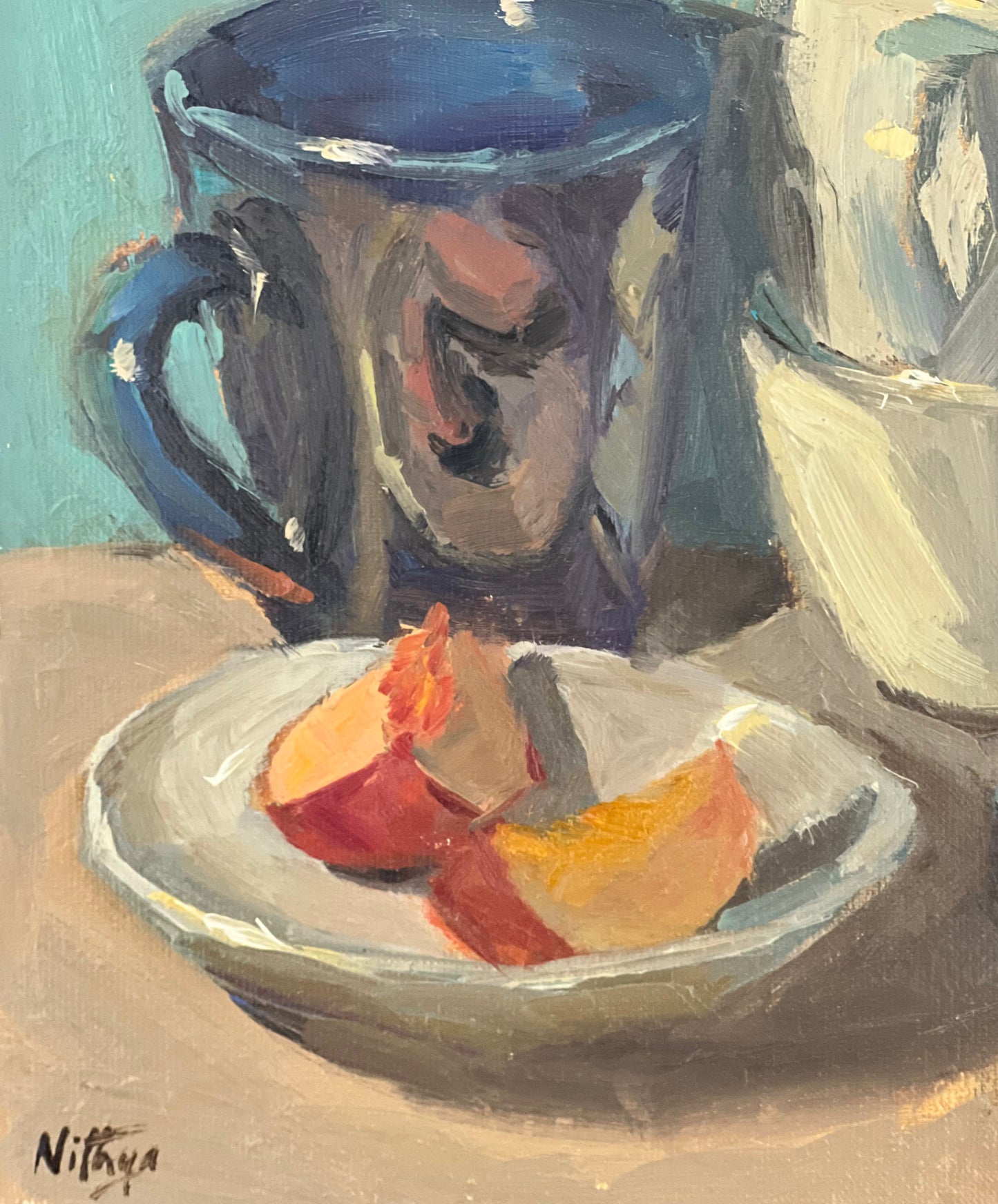 Still Life oil painting - Cut up peaches and Cups!