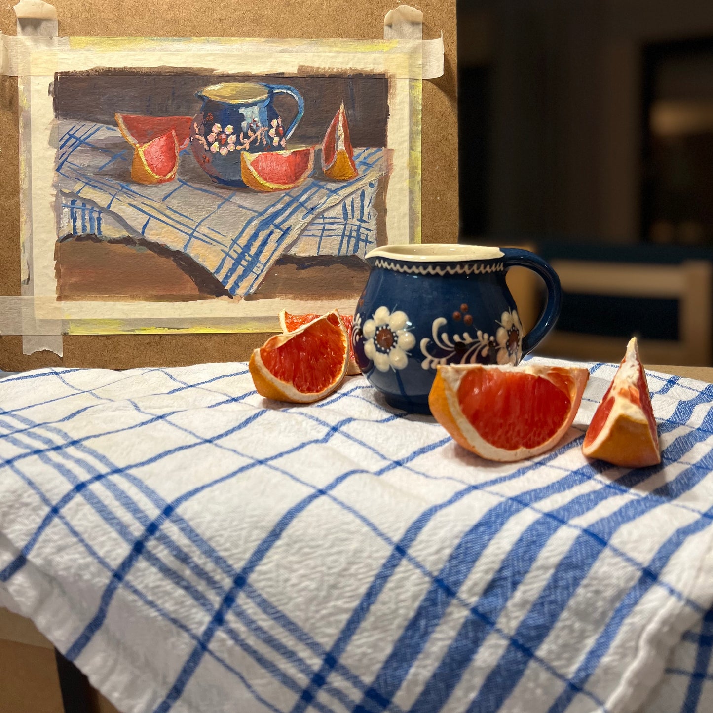 Gouache Painting - Grapefruit Slices with a ceramic jug