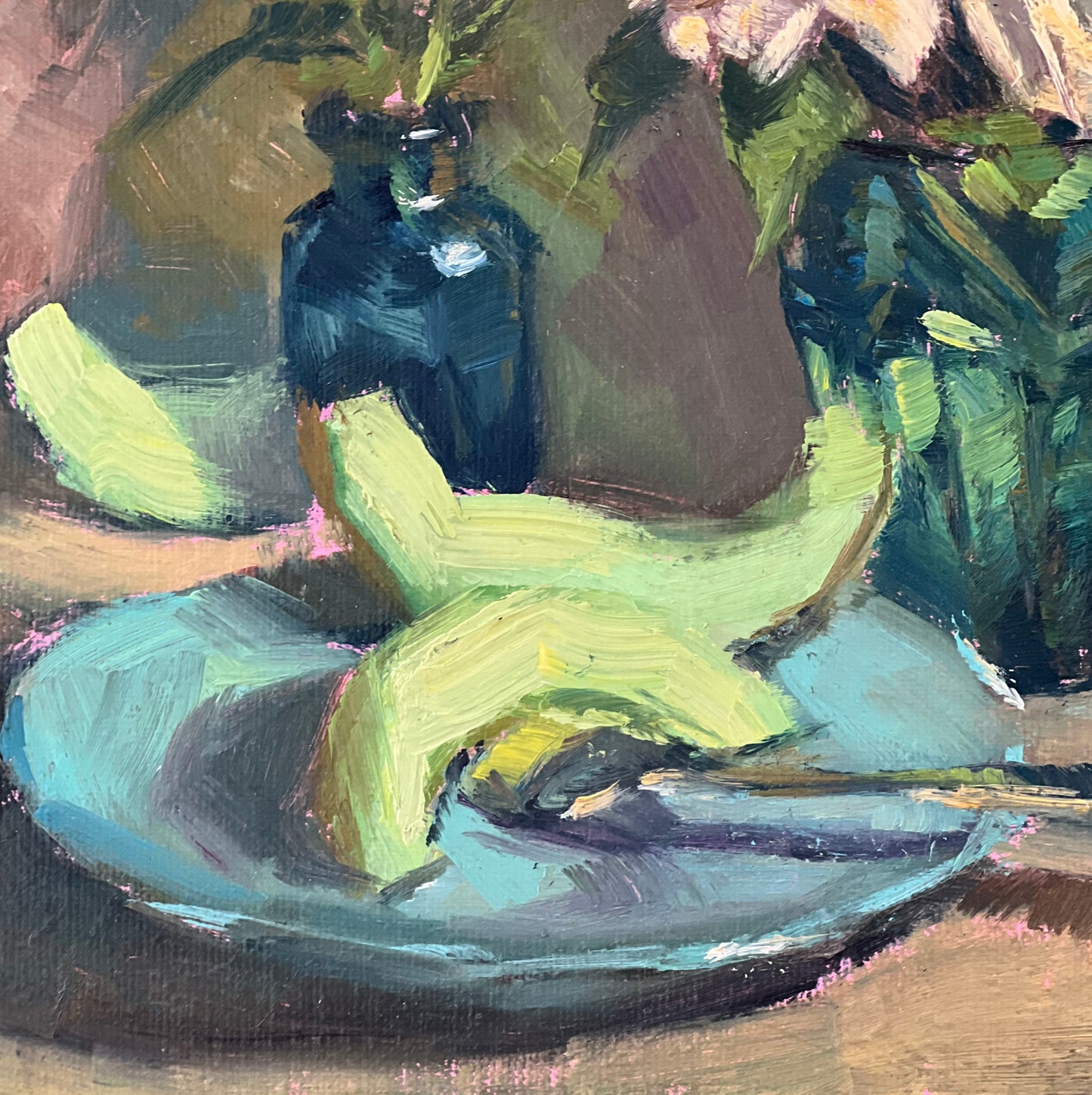 Melon Slices and White Roses - Original Oil Painting