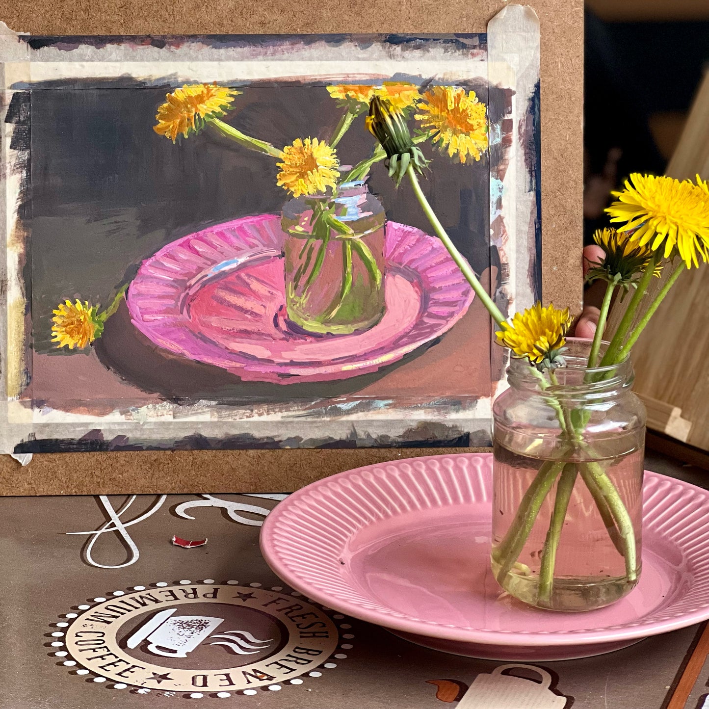 Dandelions on Pink - 1 - Gouache Painting