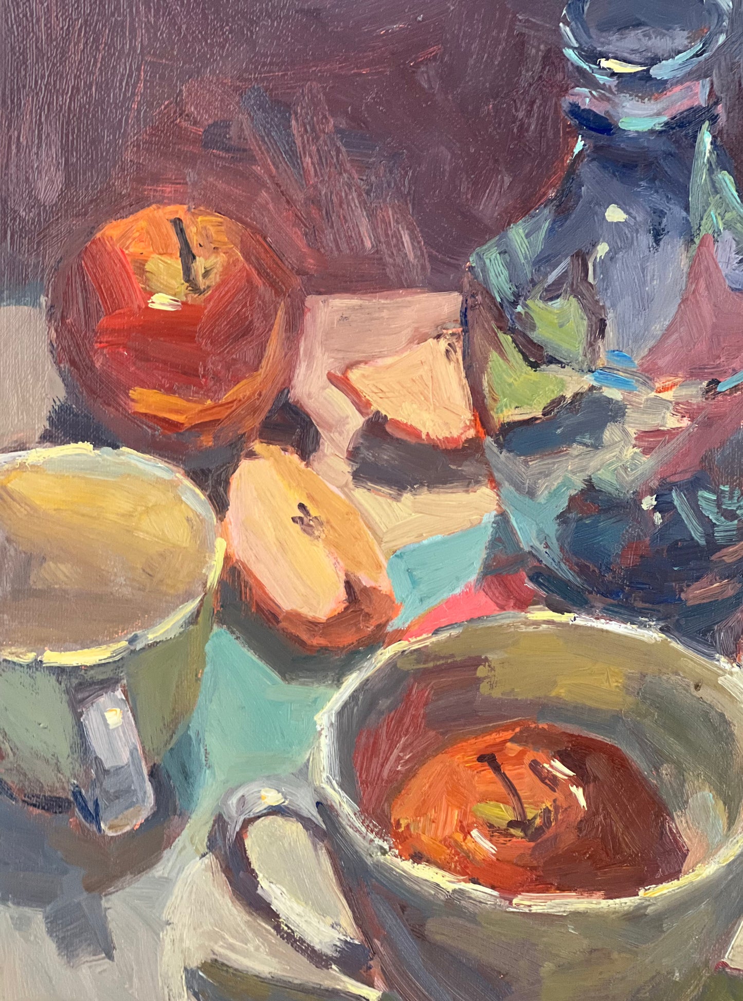 Still Life Oil Painting - Apple reflections in a blue vase