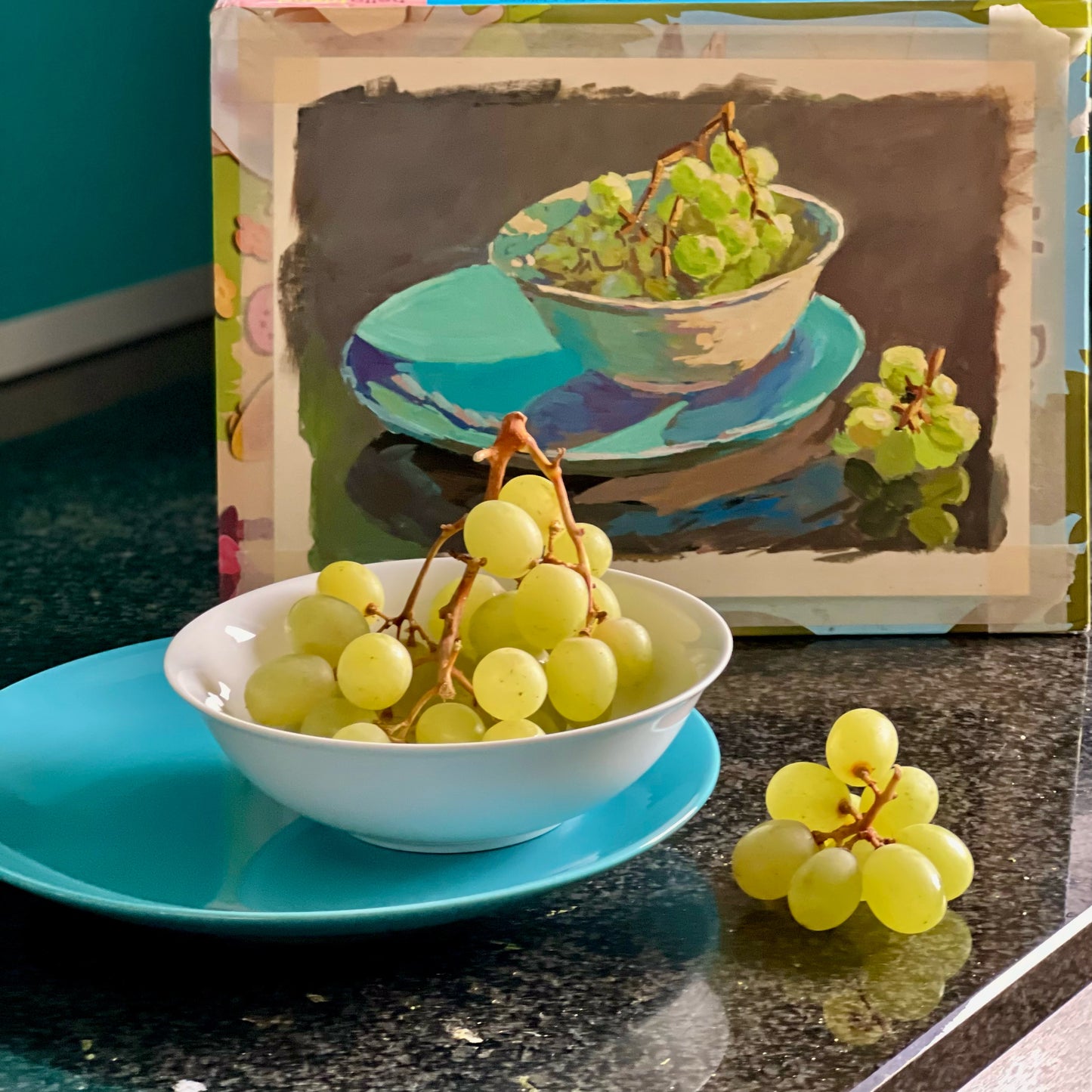 Gouache Painting: Green grapes on blue!