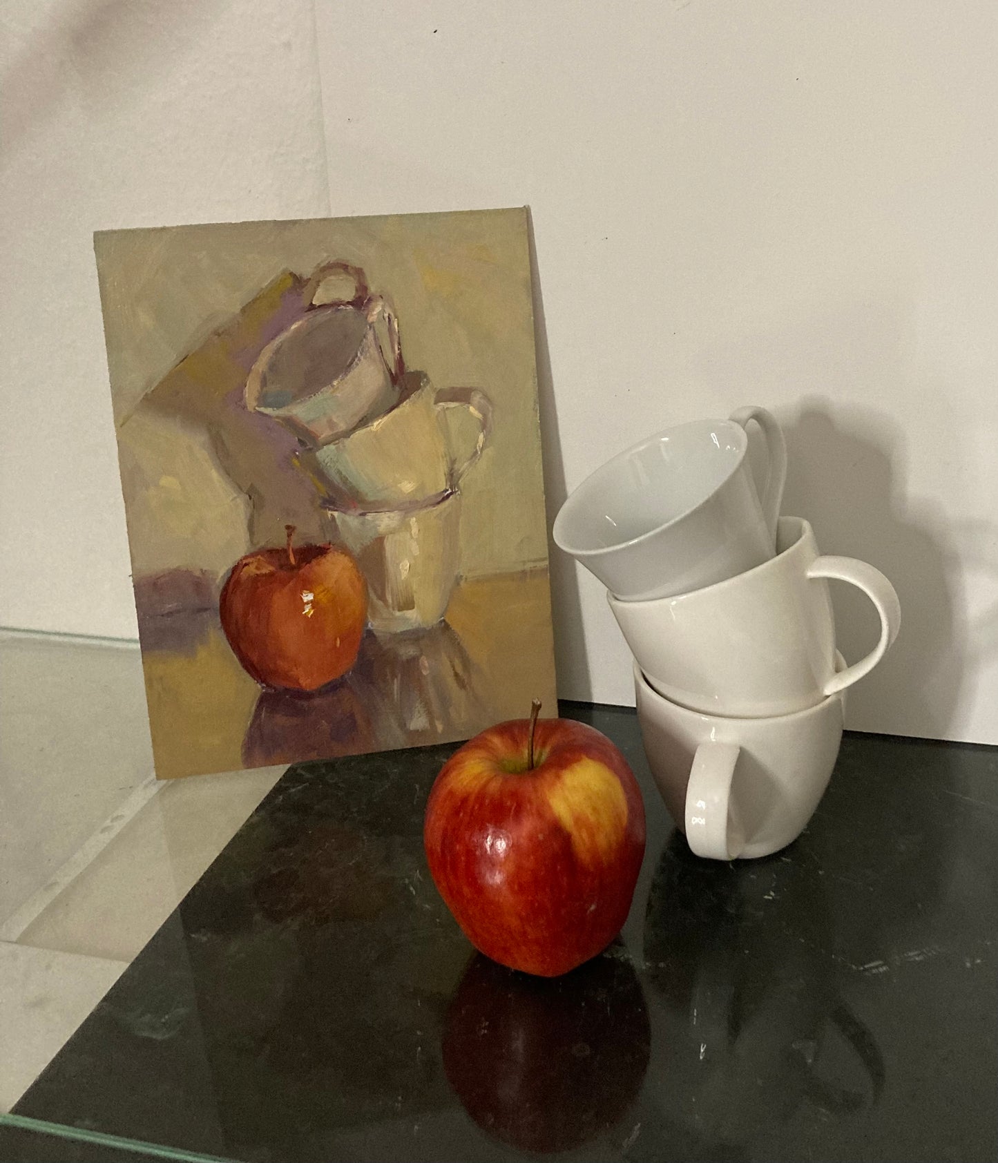 Red Apple and cups 2 - Small Original Oil Painting