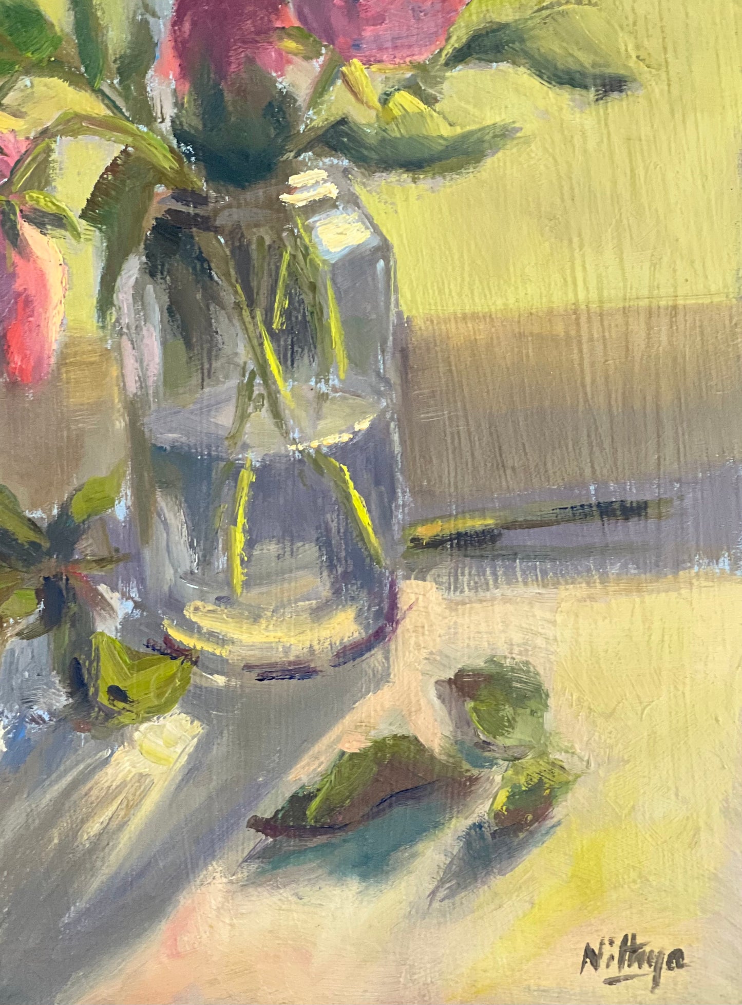 Oil Painting of Roses - Backlit Pink wilting roses