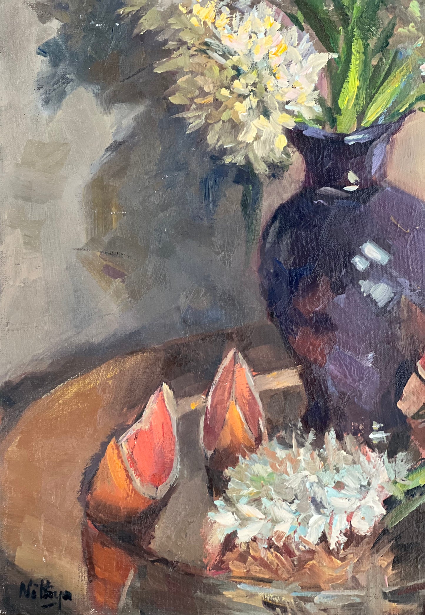 Small Floral Painting - White Hyacinths and grapefruit slices