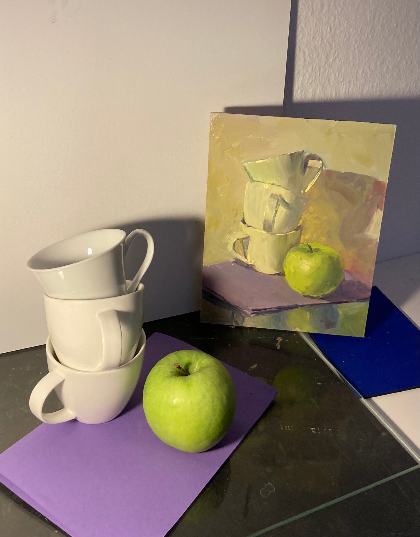 Green Apple and cups 2 - Small Original Oil Painting