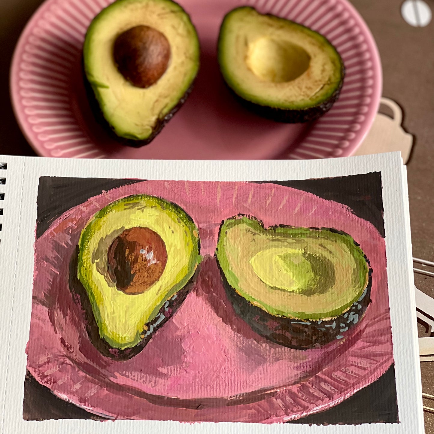 Gouache Painting: Avocado halves on Pink 2